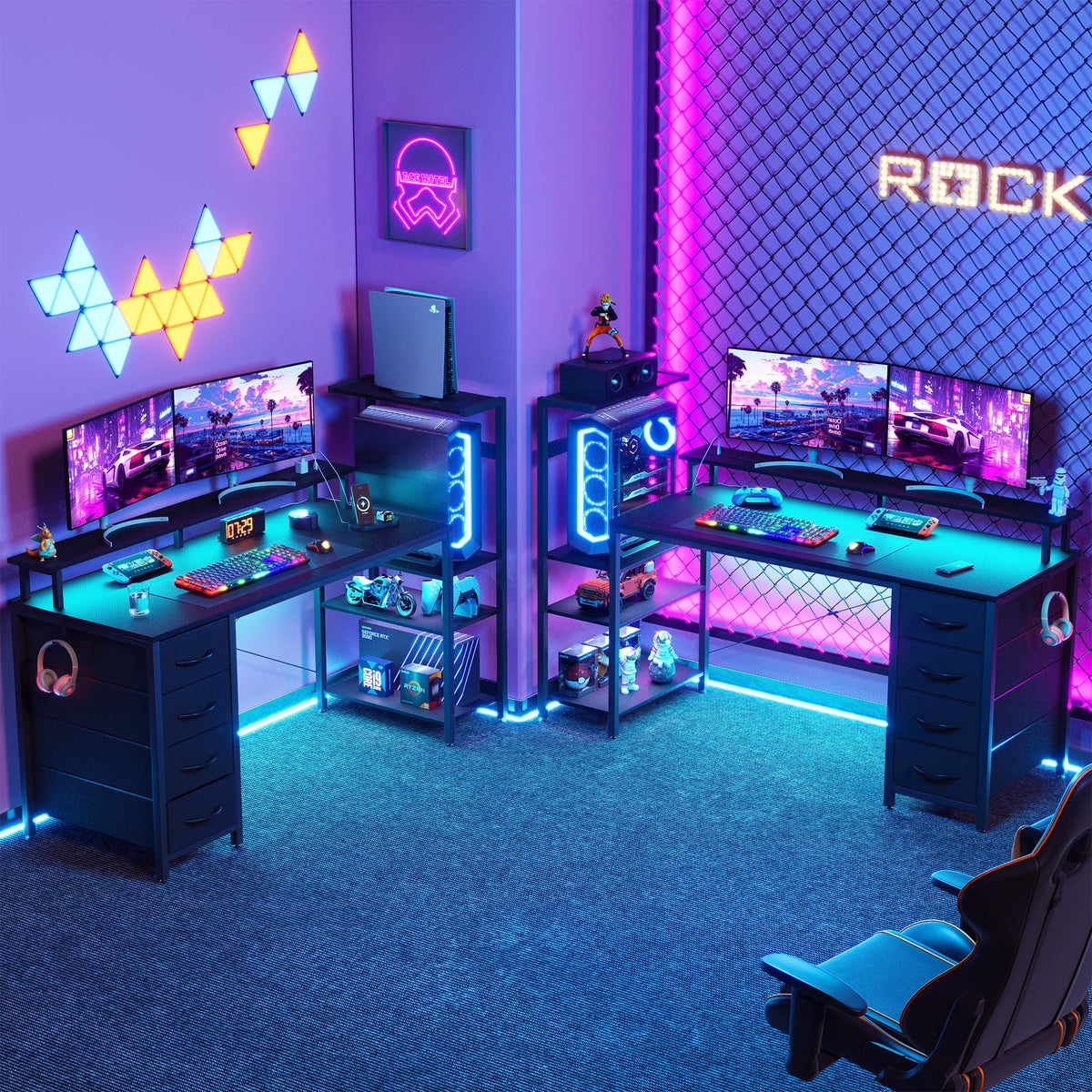 51 Inch Gaming Desk with LED Lights and Power Outlets, Computer Desk with Storage Shelves, Fabric Drawers, Monitor Stand & Side Hook, Reversible Gamer Table for Home Office, Carbon Fiber Black