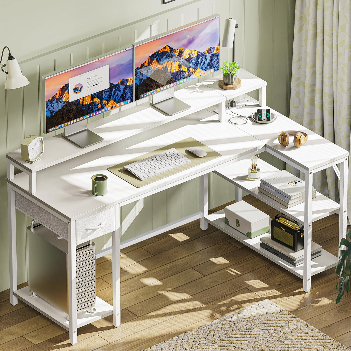 SUPERJARE 53 inch Reversible L Shaped Desk with LED Lights & Power Outlets, Computer Desk with Shelves & Monitor Stand, Gaming Desk with Drawer, Home Office Desk Corner Desk, PU White Drawer