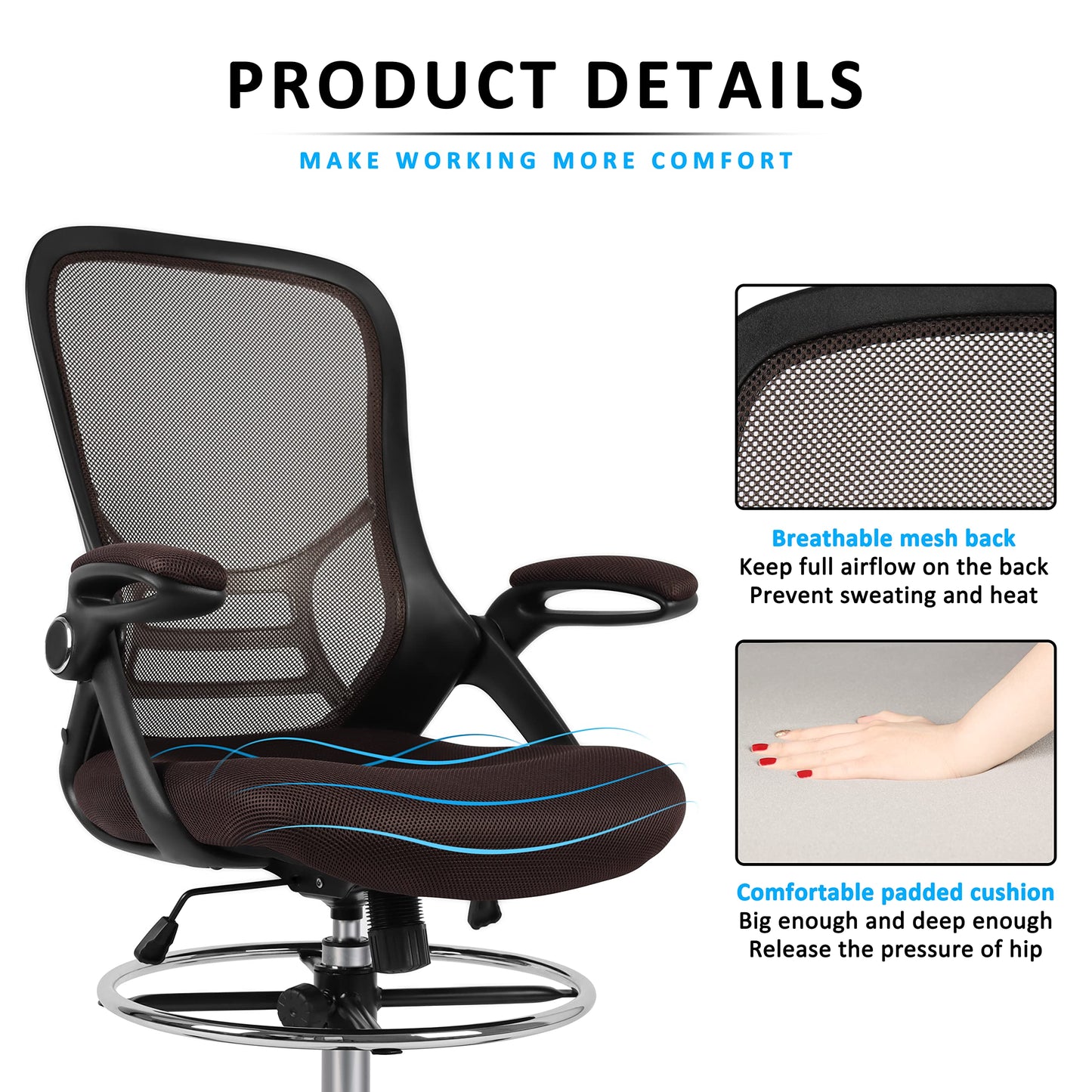 HYLONE Drafting Chair, Tall Office Chair Standing Desk Chair Brown Mesh High-Back Drafting Stool with Flip-Up Arms, Adjustable Foot Ring, Brown