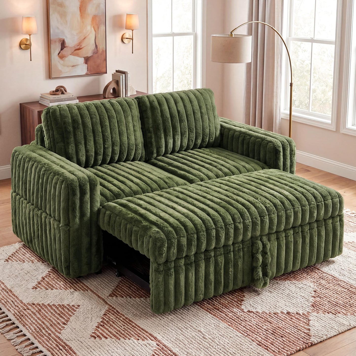 HONBAY Plush Corduroy Loveseat Sleeper Sofa,Modular Pull Out Sofa Bed,Couches for Living Room,Plush Green