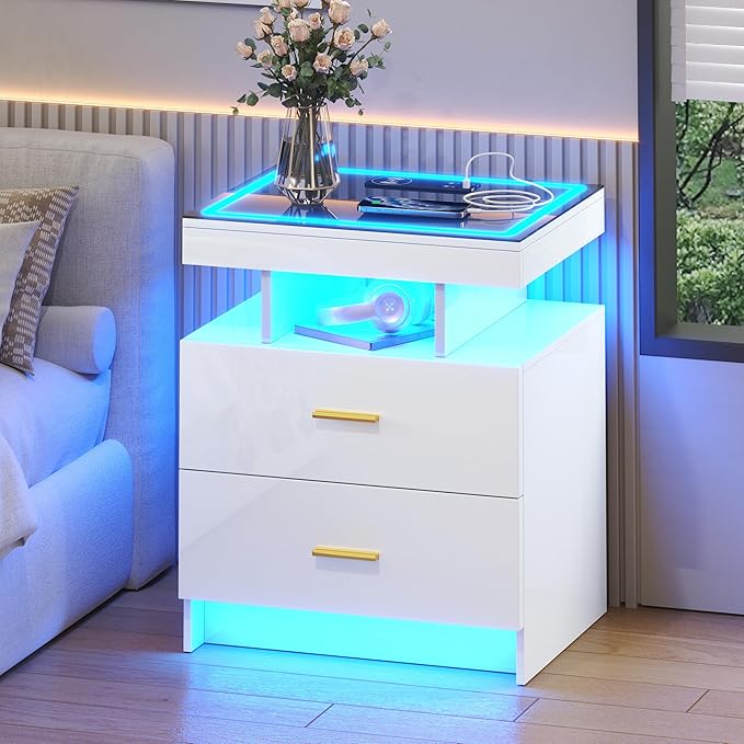 LED Nightstand Set 2 with Wireless Charging Station, Glass Top Smart Bedside