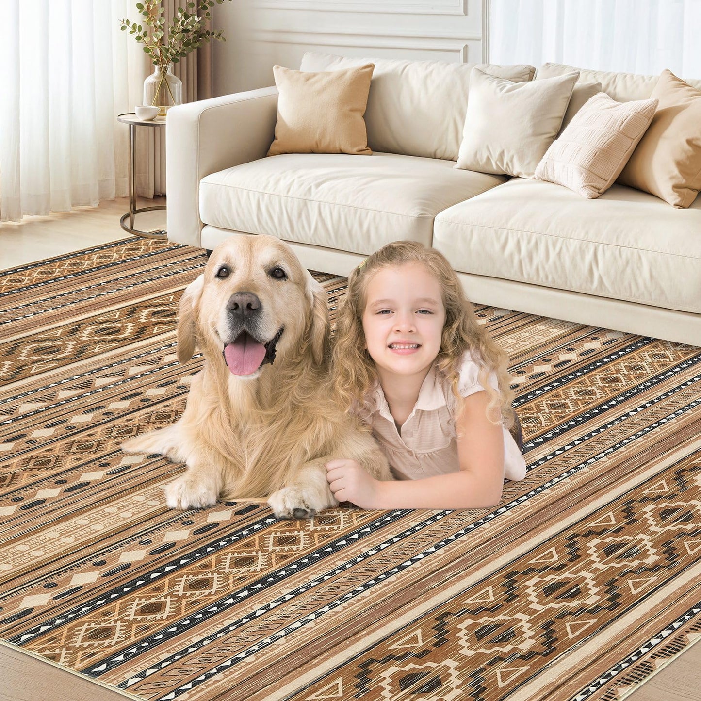 cotiled 5x7 Area Rugs Living Room Rug: Washable Boho Rugs with Non Slip Backing Large Soft Indoor Stain Resistant Carpet for Bedroom Farmhouse Dining Room Lightweight Home Decor Brown/Beige