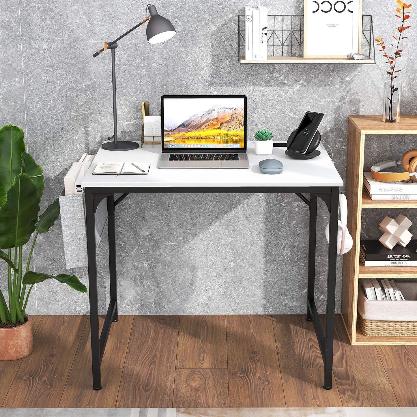 Giantex 32 Inch Computer Desk with Charging Station, Home Office Writing Desk with Storage Bag & Headphone Hook, Compact Gaming Table PC Workstation, Modern Simple Laptop Desk for Bedroom, Study