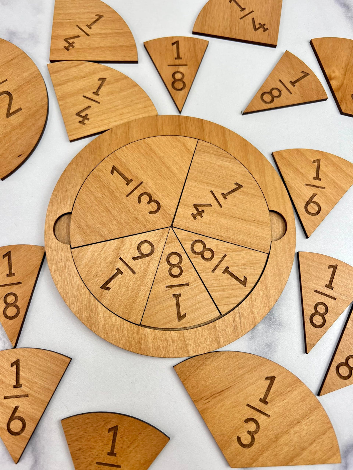 Fraction Tiles - Laser Engraved Alder Wood - Includes 5 inch Tile Holder and Fraction Tiles (23 Tiles)
