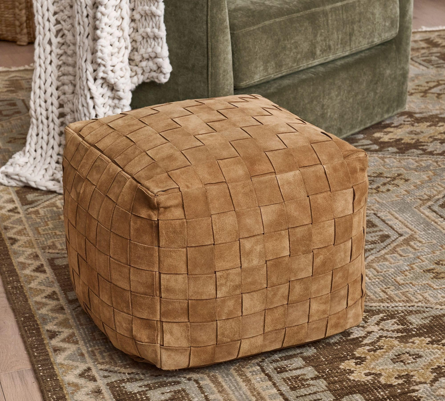 Luxury Handcrafted Suede Basketweave Pouf Ottoman – Soft & Durable Floor Cushion, Footrest, and Accent Seating for Living Room, Bedroom, & Office – Stylish Modern Home Décor (Camel, 18" x 18" x 14")