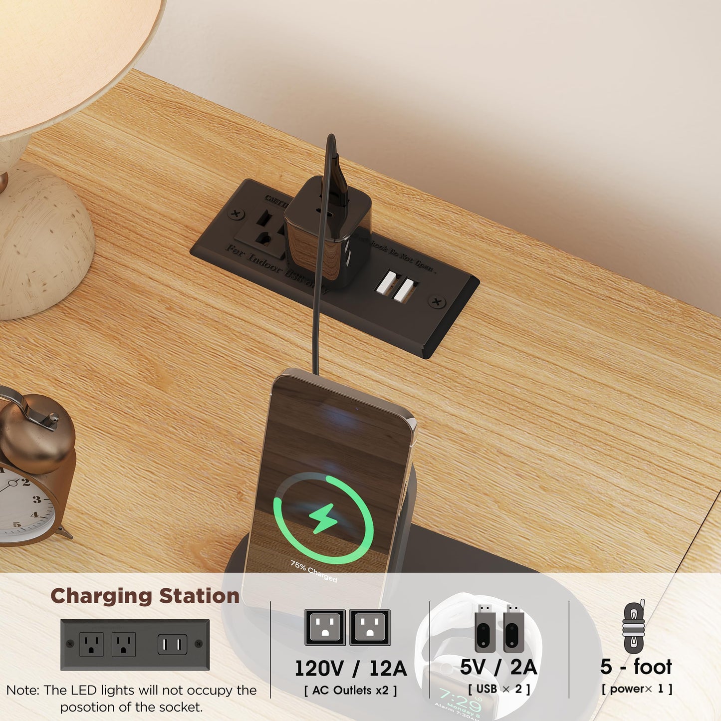 Nightstand with Charging Station and LED Lights, Night Stands with Adjustable Storage Cabinet, Modern Side Table with Fluted Doors and Open Storage, Bedside Table for Bedroom, Natural