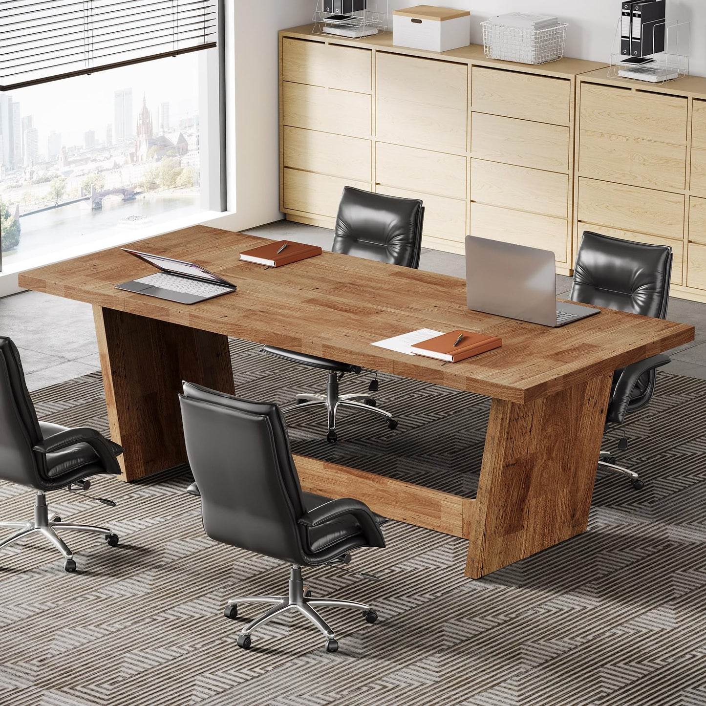 Tribesigns 6 FT Conference Room Table, 71” Rectangular Meeting Table for Office, Large Executive Seminar Desk for 6–8 People, Heavy-Duty Business Boardroom Table with Wooden Pedestal Base, Light Brown