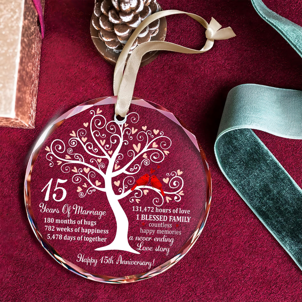 Bozspacer 15th Wedding Anniversary Ornament for Parents Couple Wife Husband - Crystal Anniversary Wedding Gift Ideas - Christmas Glass Ornament for 15 Years Marriage