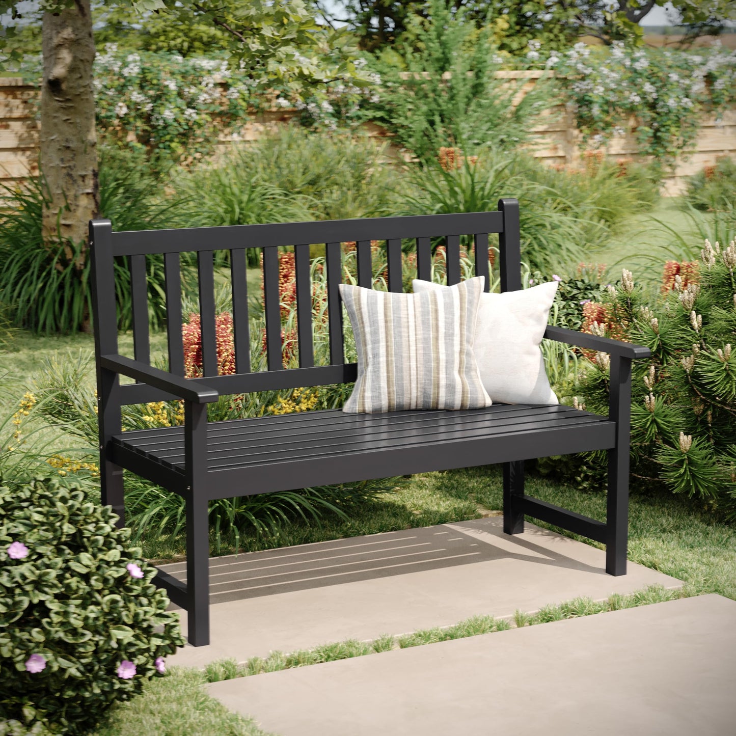 Flash Furniture Adele Commercial Indoor/Outdoor Acacia Wood Bench, 2-Person Slatted Patio Loveseat, for Use in Yard, Garden, Porch, or Park, Black