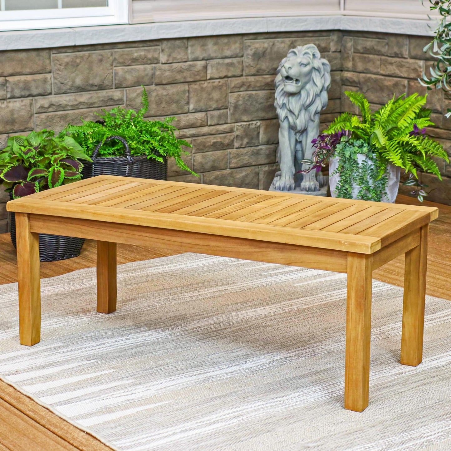 Sunnydaze Teak Mission Style 2-Person Outdoor Bench and Outdoor Coffee Table