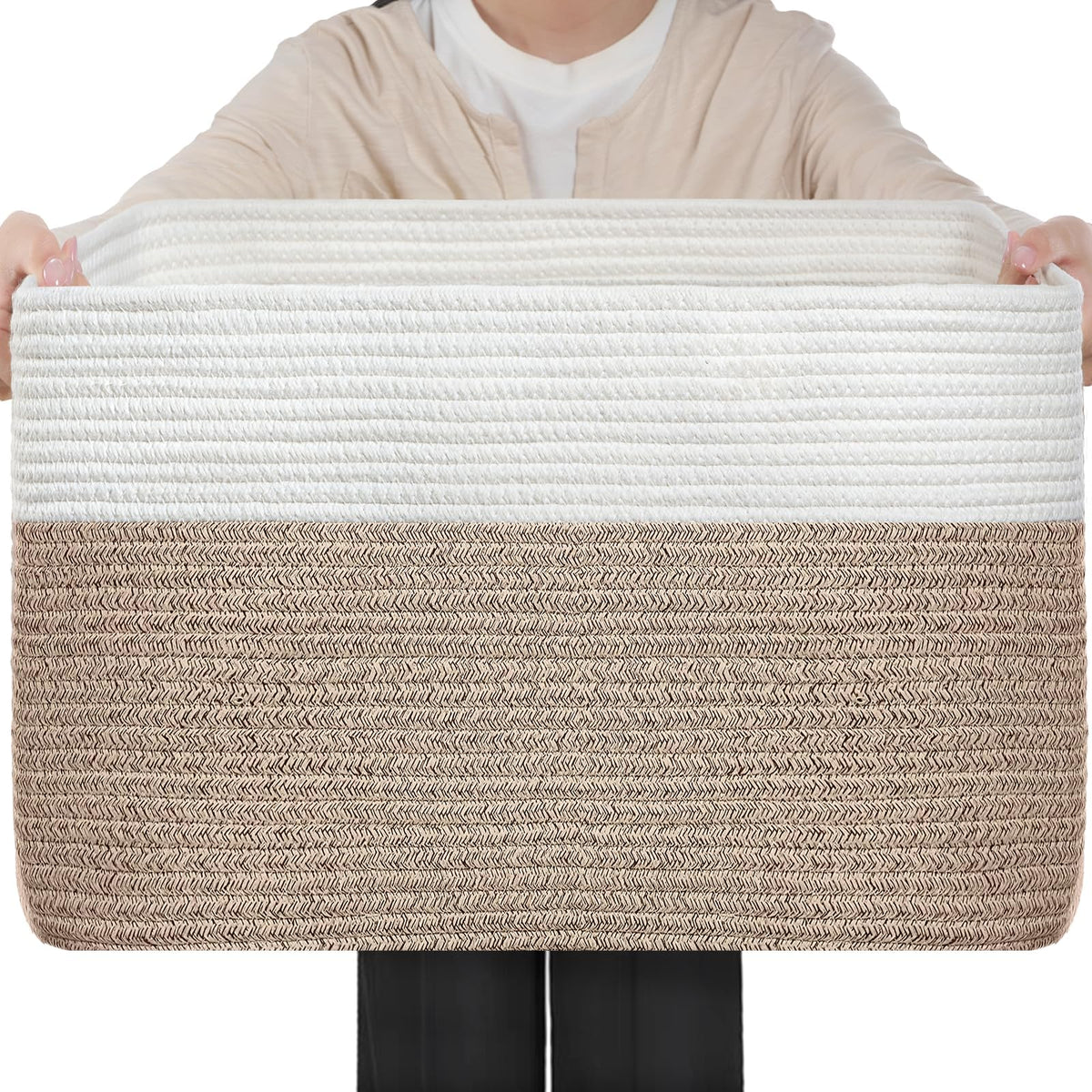 Optish 75L Large Blanket Basket, Woven Storage Baskets with Reinforced Handles, Rope Laundry Basket for Living Room, Bedroom, Nursery, Toys, Clothes,Pillows, 22” x 17” x 11.5”, White & Brown