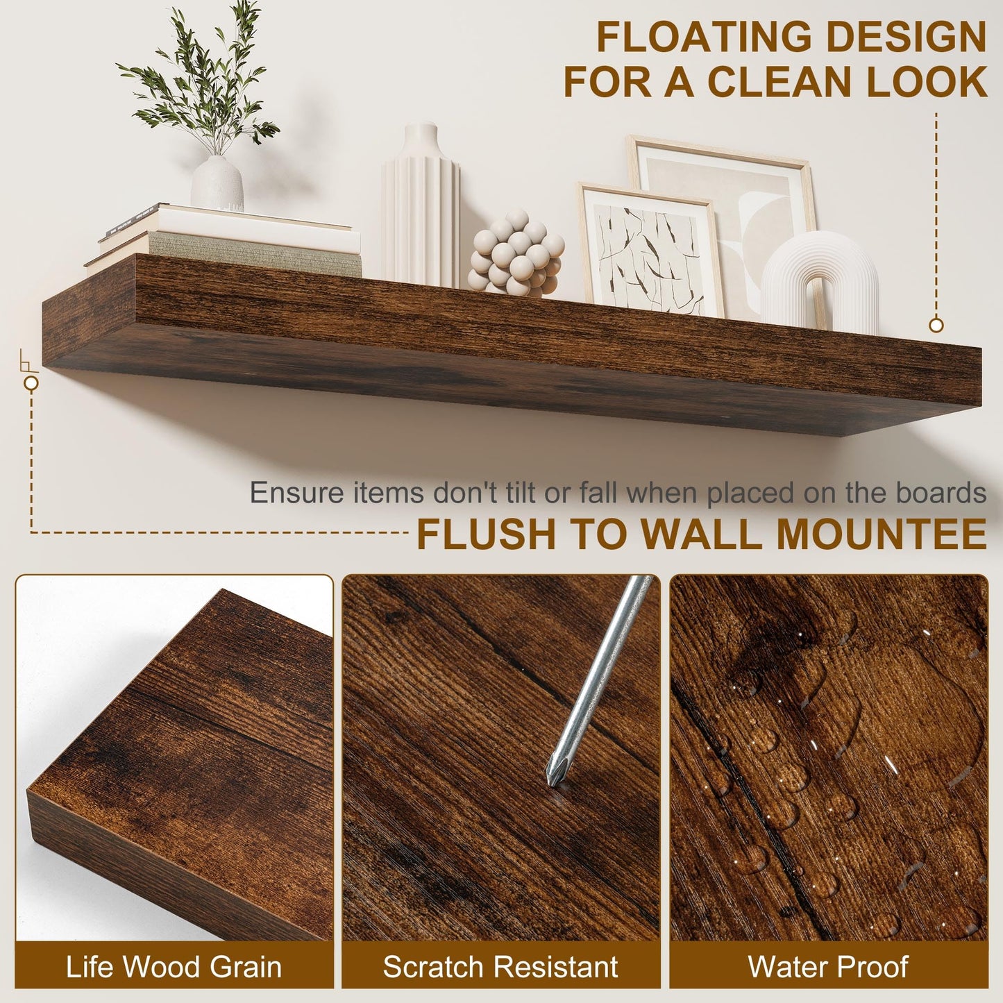 Fun Memories Floating Shelves for Wall, 20Inch Floating Shelves Set of 2, Hanging Shelf with Invisible Brackets, Wood Shelves for Living Room, Bedroom, Kitchen, Brown