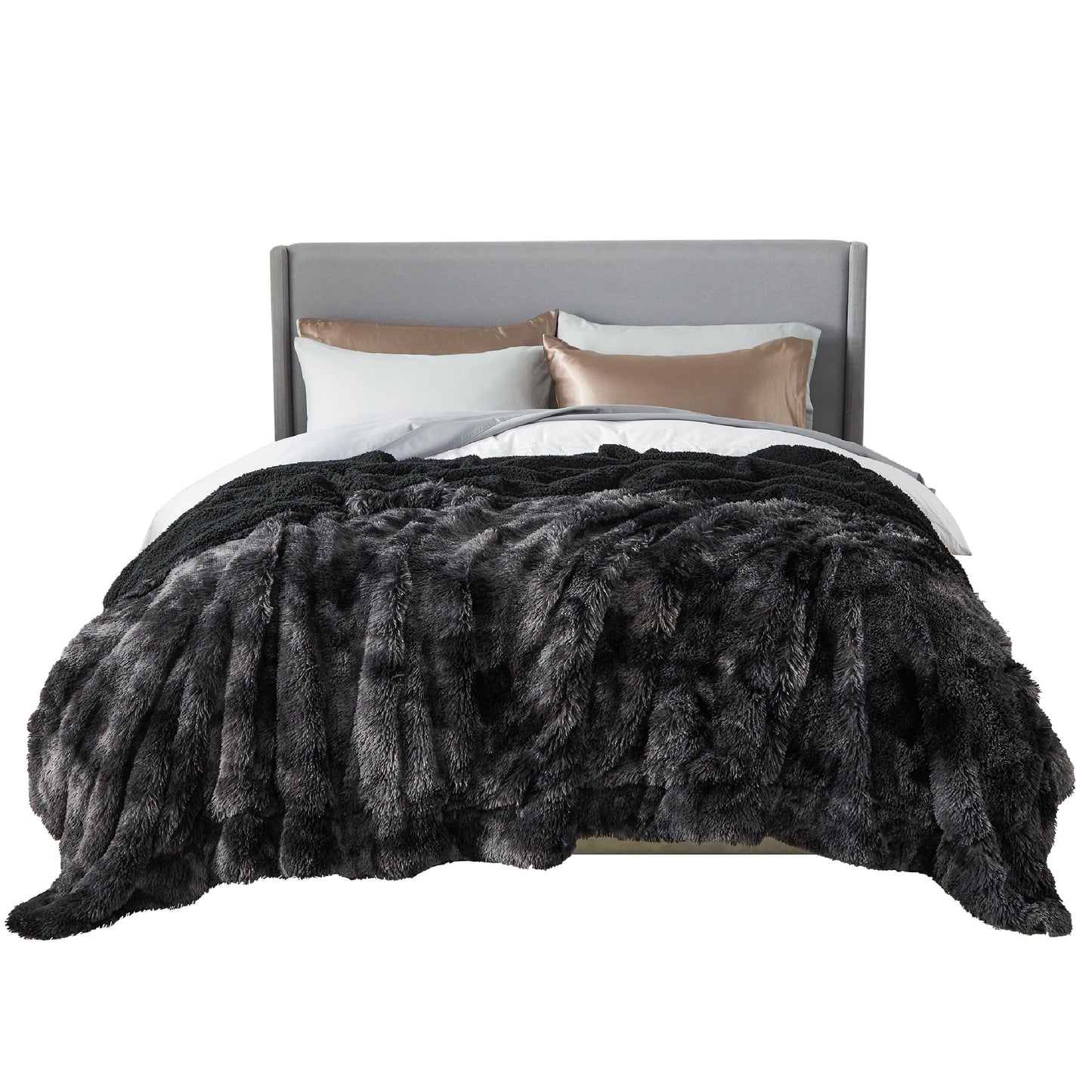 Bedsure GentleSoft Fluffy Tie Dye Black Blankets Queen Size for Bed, Thick Sherpa Faux Fur Fleece Fuzzy Plush Winter Warm Soft Queen Blankets, Black Bedroom Decor Cozy Gifts for Women Men, 90x90