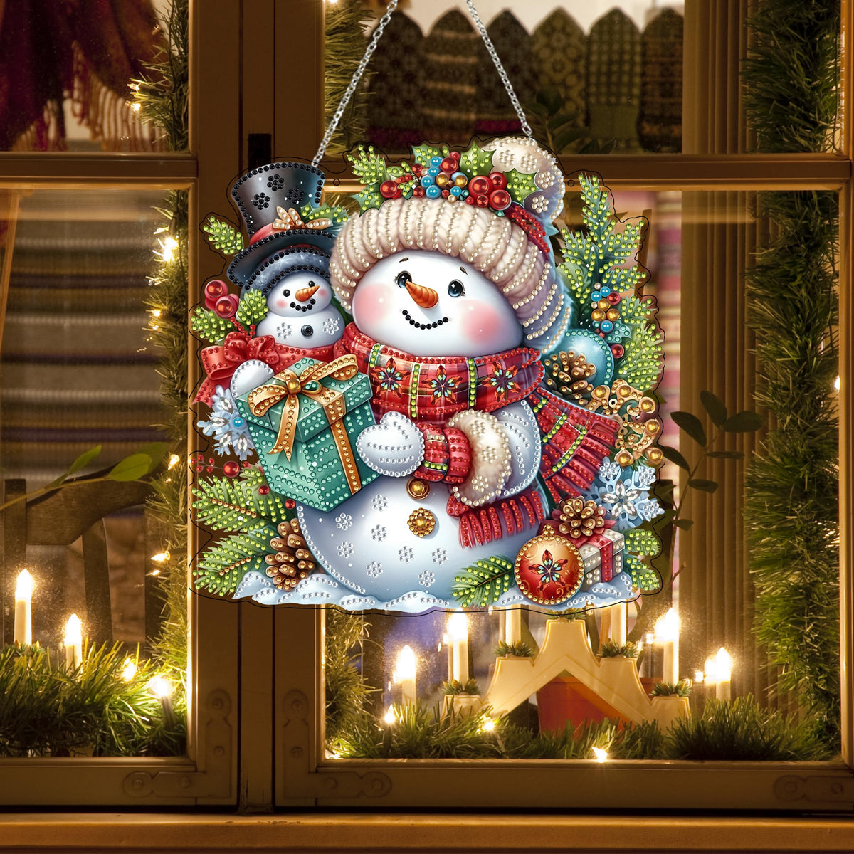JJFox Diamond Art Hanging Kit for Adult,Special Shaped Rhinestone,DIY Acrylic 5D Diamond Art Painting Window Pendants Home Garden Wall Hanging Kits Hanging Ornament,Double Sided. (Christmas Snowman)