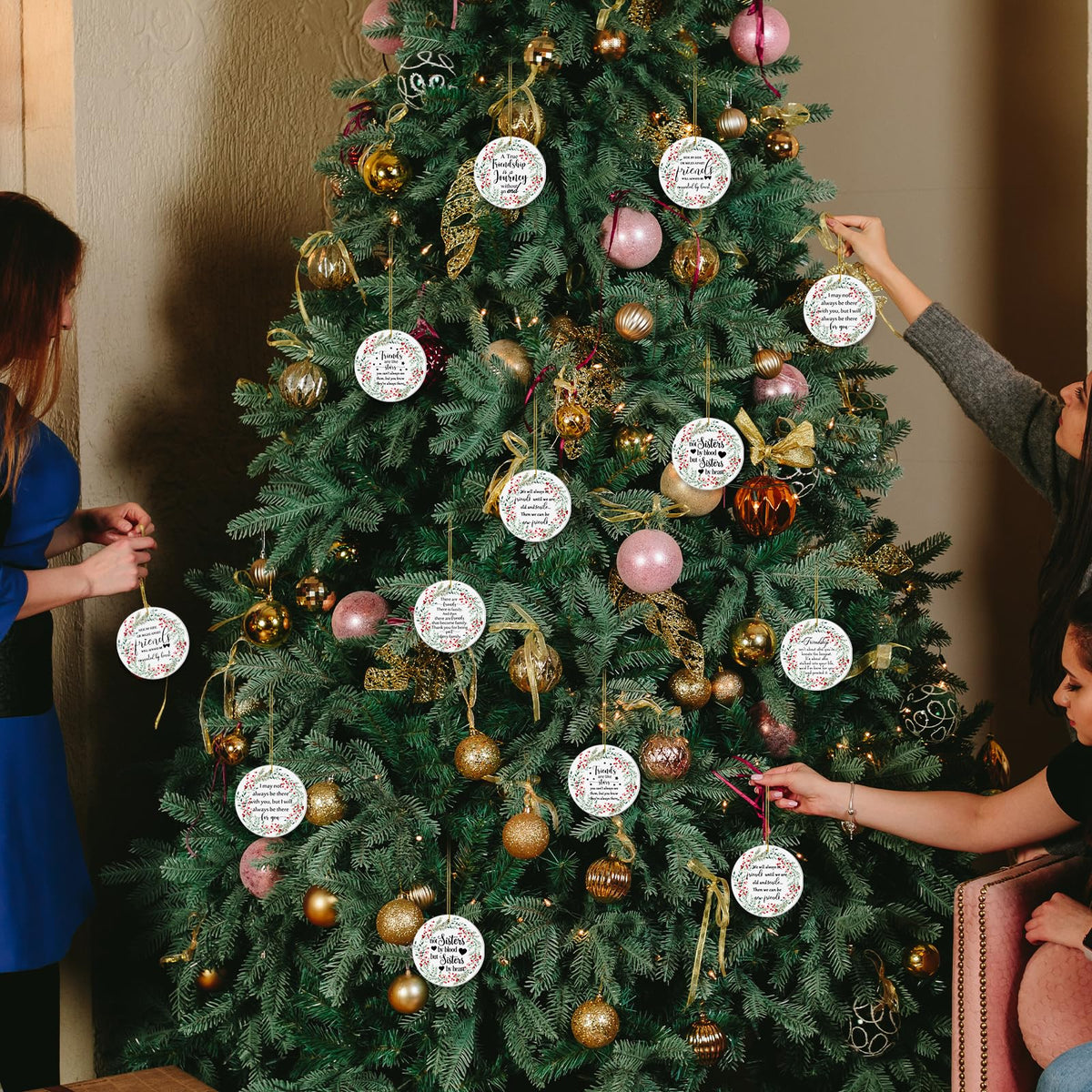 Suzile 16 Pcs Friendship Christmas Ornaments Ceramic Round Friends Ornaments Long Distance Sister Christmas Ornament Gift with Greeting Cards Organza Gift Bag for Christmas Tree (Berry)