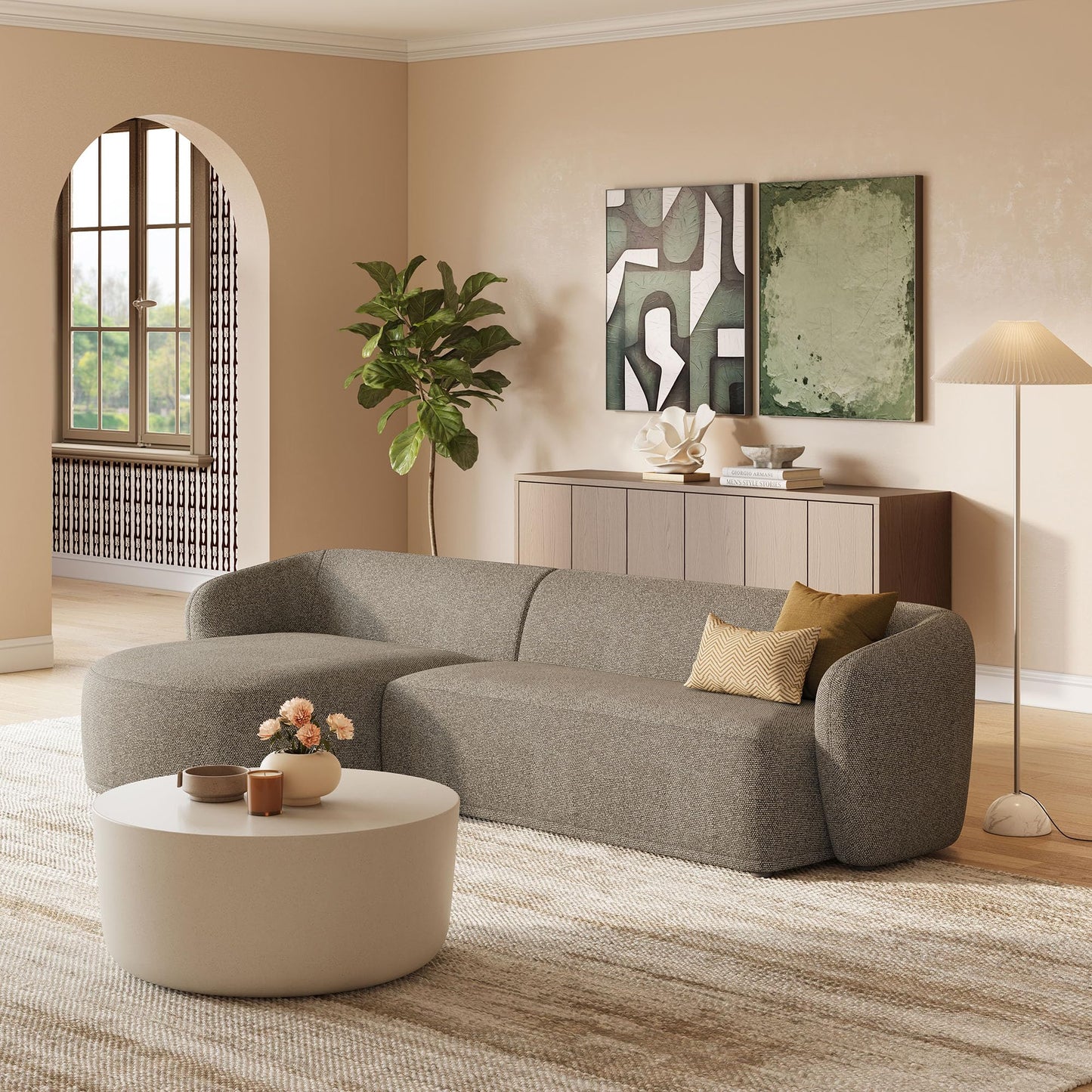 Modway Monica Left Facing Sectional with Chaise in Earth – Comfortable Low Profile 2-Piece Boucle Fabric Modular Sofa for Living Room, Bedroom, Or Apartment
