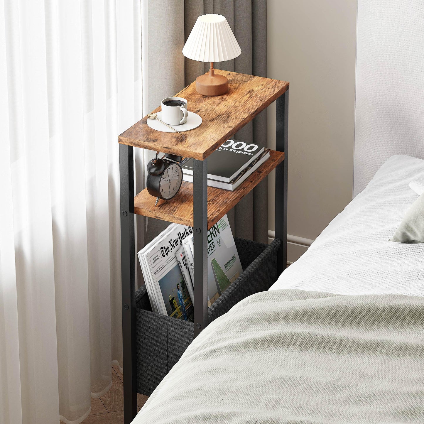 IRCPEN Narrow Side Table, Slim End Table with Magazine Rack, Skinny Bedside Table for Small Spaces, 3 Tier Sofa Couch Table Nightstand for Living Room, Bedroom, Rustic Brown LET503R