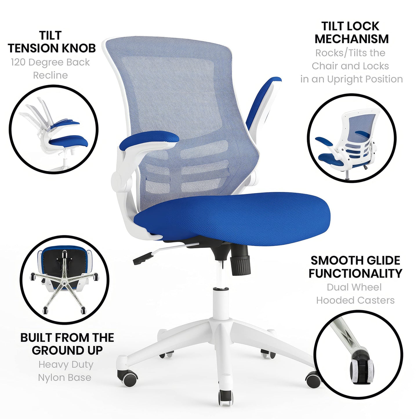Flash Furniture Kelista Office Chair, Ergonomic, Mid-Back, White Frame, Blue Mesh with Swivel