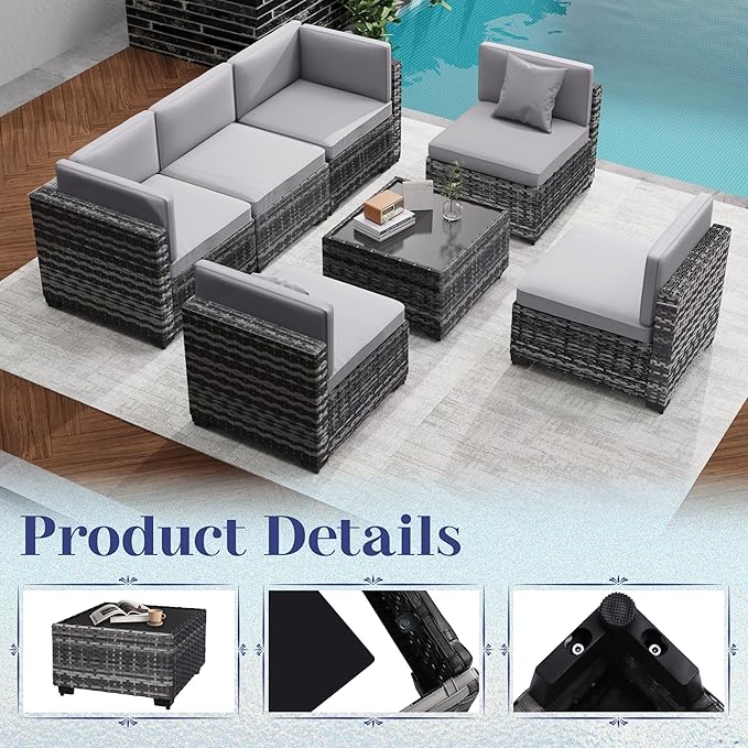 KIGOTY Patio Furniture Set, 14 Pieces Modular Outdoor Sectional Sofa, PE Rattan