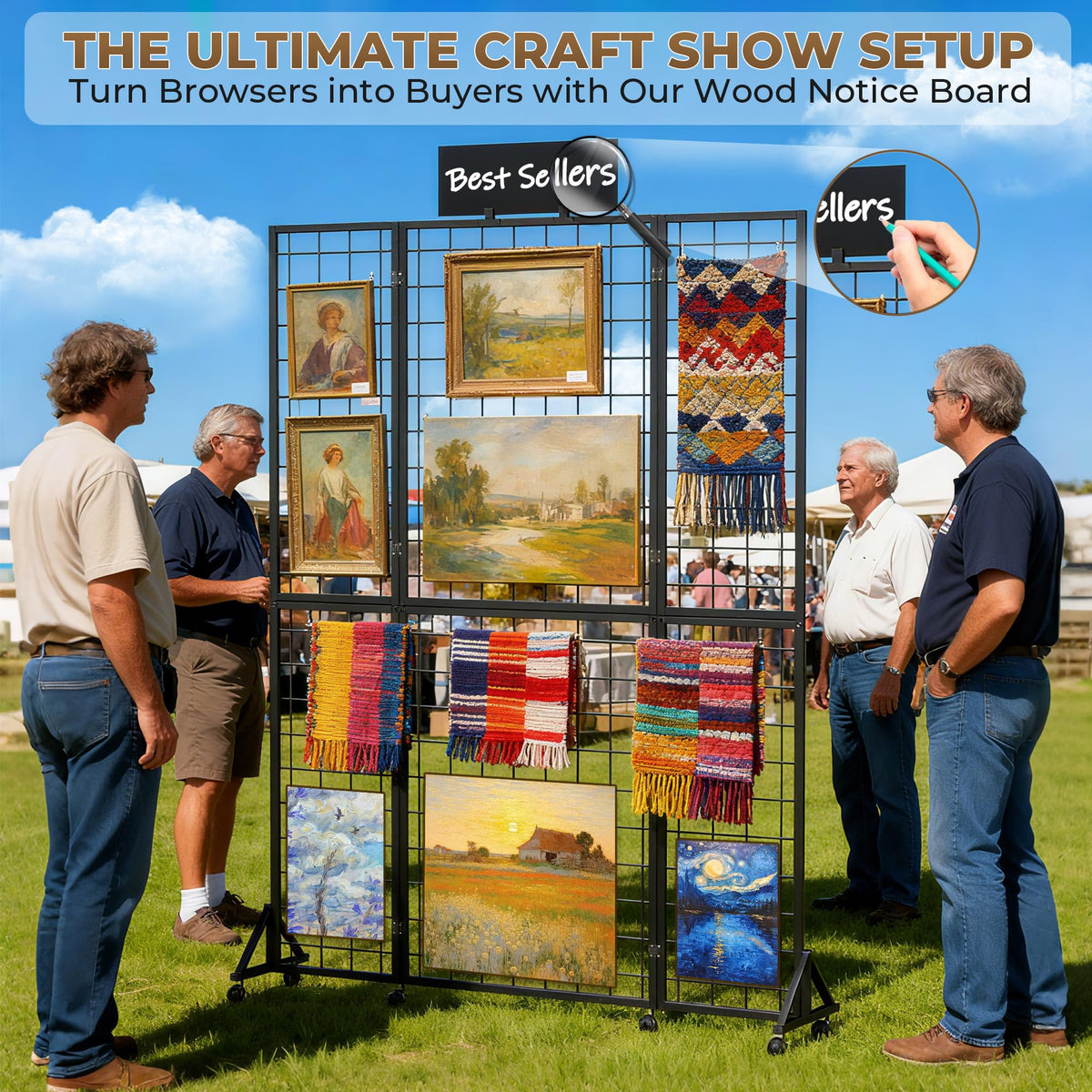 Foldable Grid Wall Panel, 6' x 4.25' Ft Gridwall Display Stand with Notice board, Heavy Duty Sturdy Floorstanding Wire Grid Display Rack, Movable Silent Wheel, Ideal for Retail & Art Craft Fairs