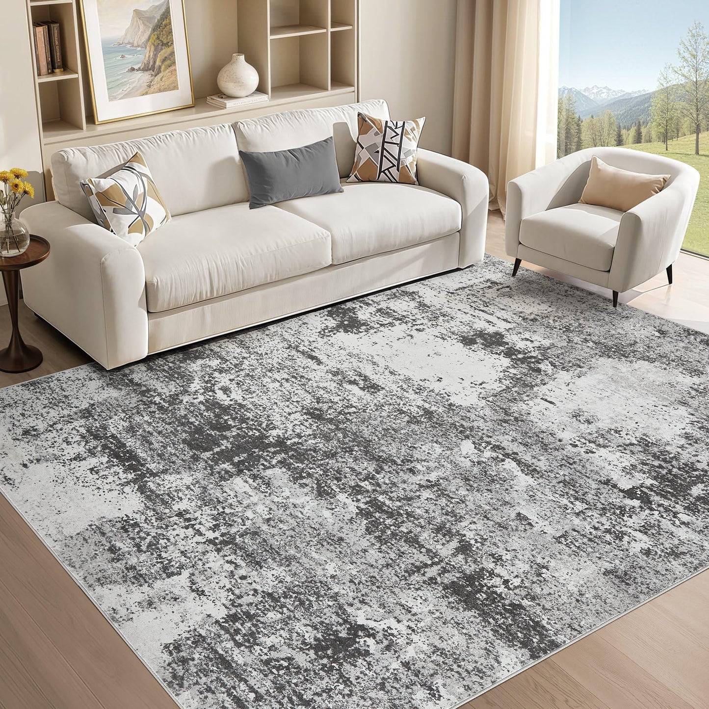 Micgeek Area Rug Living Room - 5X8 Abstract Washable Large Soft Foldable Non Slip Rug Neutral Modern Low Pile Carpet for Bedroom Nursery Dining Room Kitchen Home Office Indoor - Grey