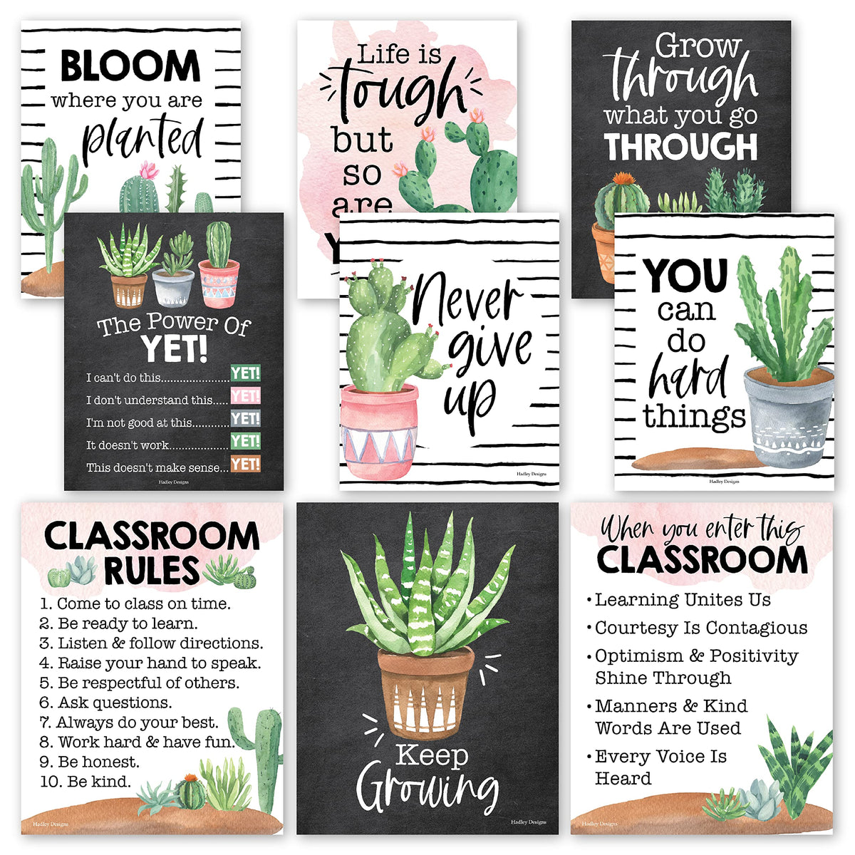 Hadley Designs Motivational Poster for Classroom Decor - 9 Growth Mindset Classroom Posters Elementary, Inspirational Wall Decor Middle School, Teacher Must Haves, Cactus Bulletin Board Decorations