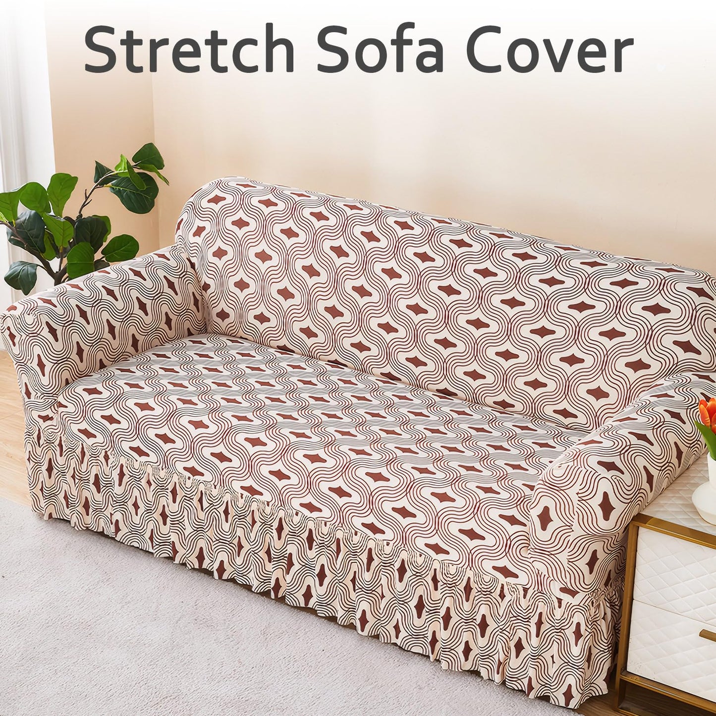 Ausing Printed Loveseat Slipcover Stretch Couch Cover with Skirt Bottom Easy Fitted Furniture Covers Universal Modern Sofa Protector Retro Wave(57”-73”)