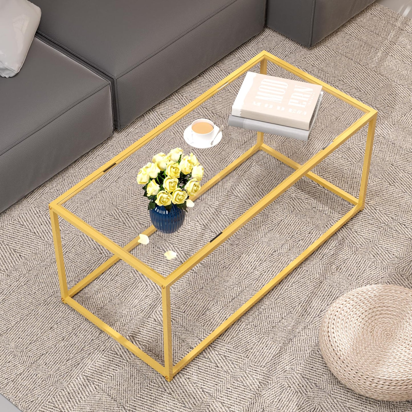 Coffee Table,Tempered Glass Coffee Table,Minimalist Center Table for Living Room,Office,Modern Glass Top Coffee Table with Sturdy Metal Frame & Open Storage, Easy Assembly,Gold