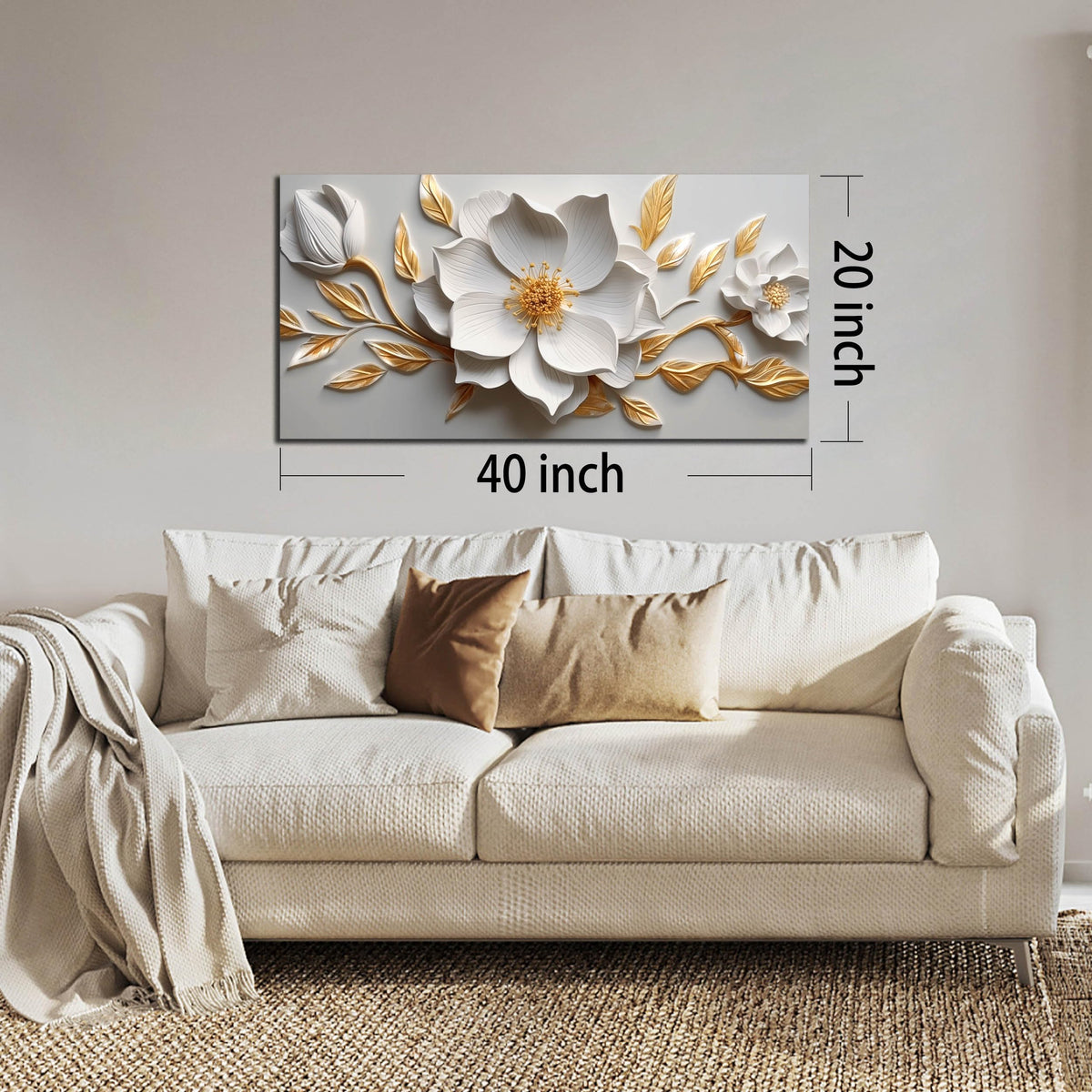 Canvas Wall Art for Living Room Bedroom Office White and Gold Flower Artwork Large Botanical Floral Wall Art Framed Wall Decor Modern Canvas Prints 20x40 In