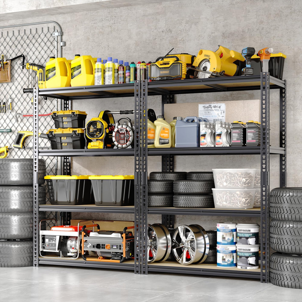 Heavy Duty Metal Storage Shelves, Adjustable 4-Tier Garage Shelving Unit with Eco-Friendly MDF Wood Board, 48" L x 24" W x 59.8" H, 640 lbs Load Capacity Per Shelf, Black, Ideal for Warehouse Storage