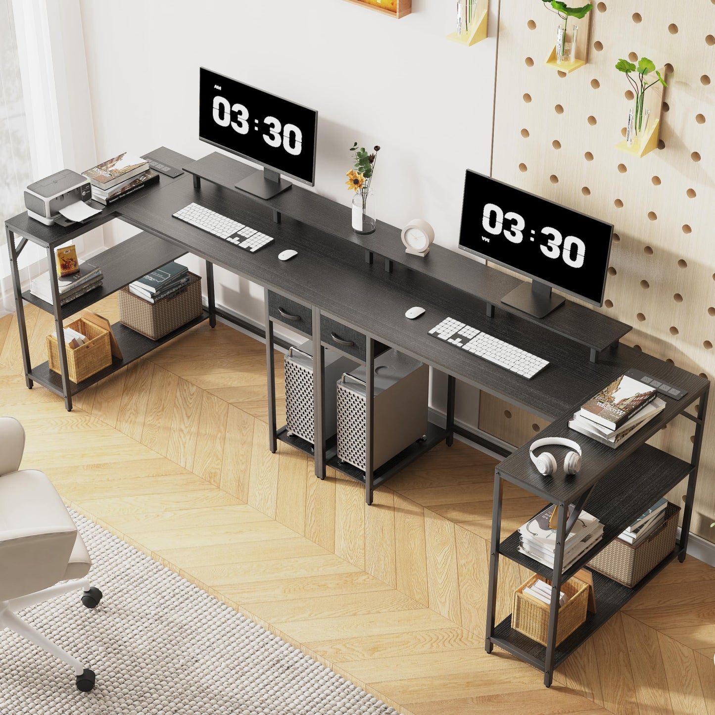 Eivanet L Shaped Gaming Desk with Power Outlet & Led Light, 47 inch Reversible Computer Desk with Shelves, Hooks, and Drawer, Cornor Home Office Desk Table for Living Room, Bedroom, Black
