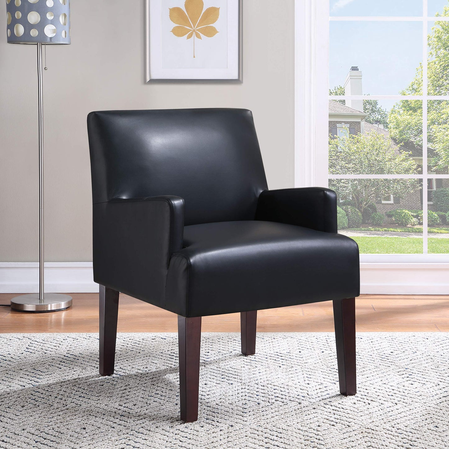OSP Home Furnishings Main Street Upholstered Guest Chair with Espresso Finish Accents, Black Faux Leather