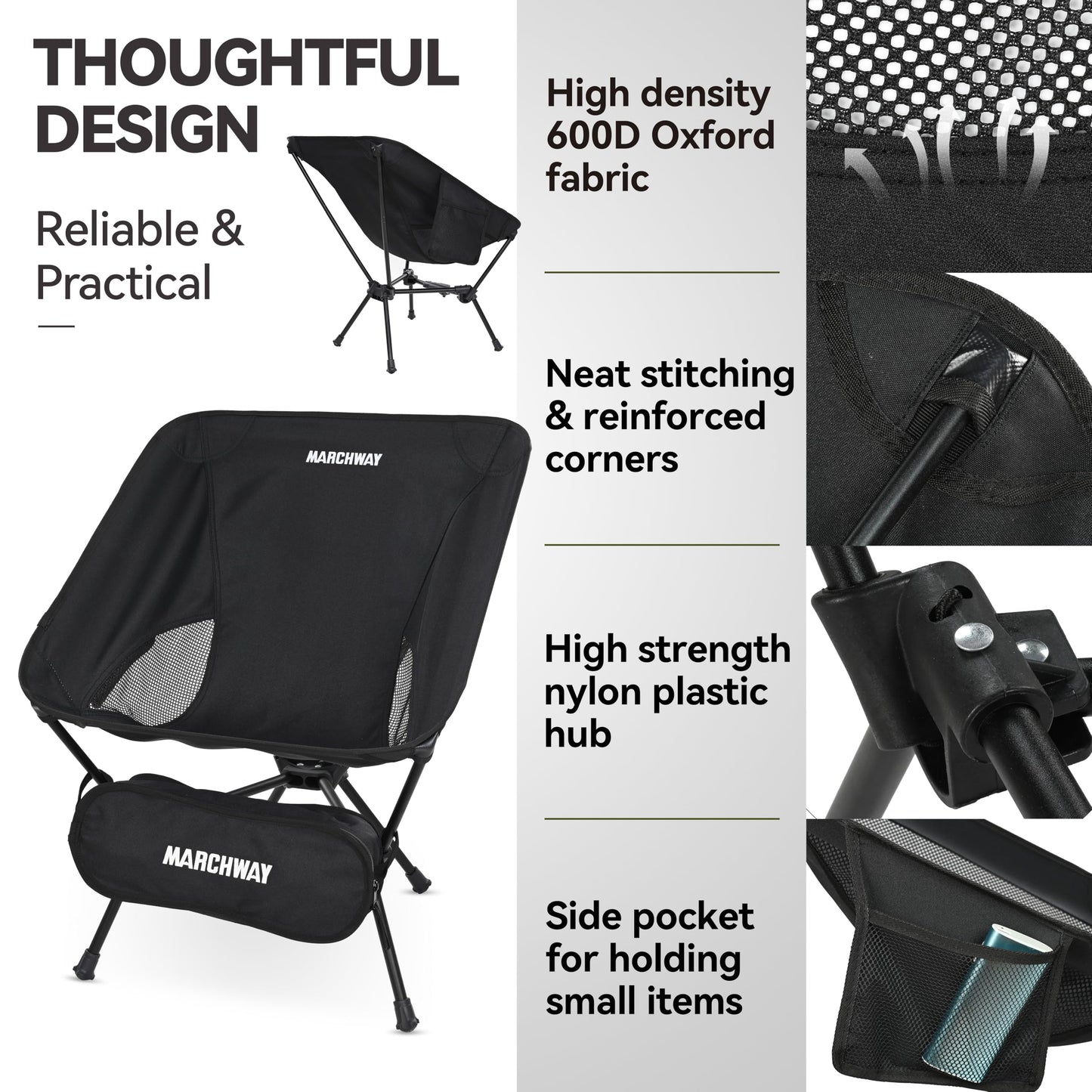MARCHWAY Lightweight Folding Camping Chair with Spring Lock, Stable Compact Portable for Outdoor Camp, Travel, Beach, Picnic, Festival, Hiking, Backpacking (Lowback Black)