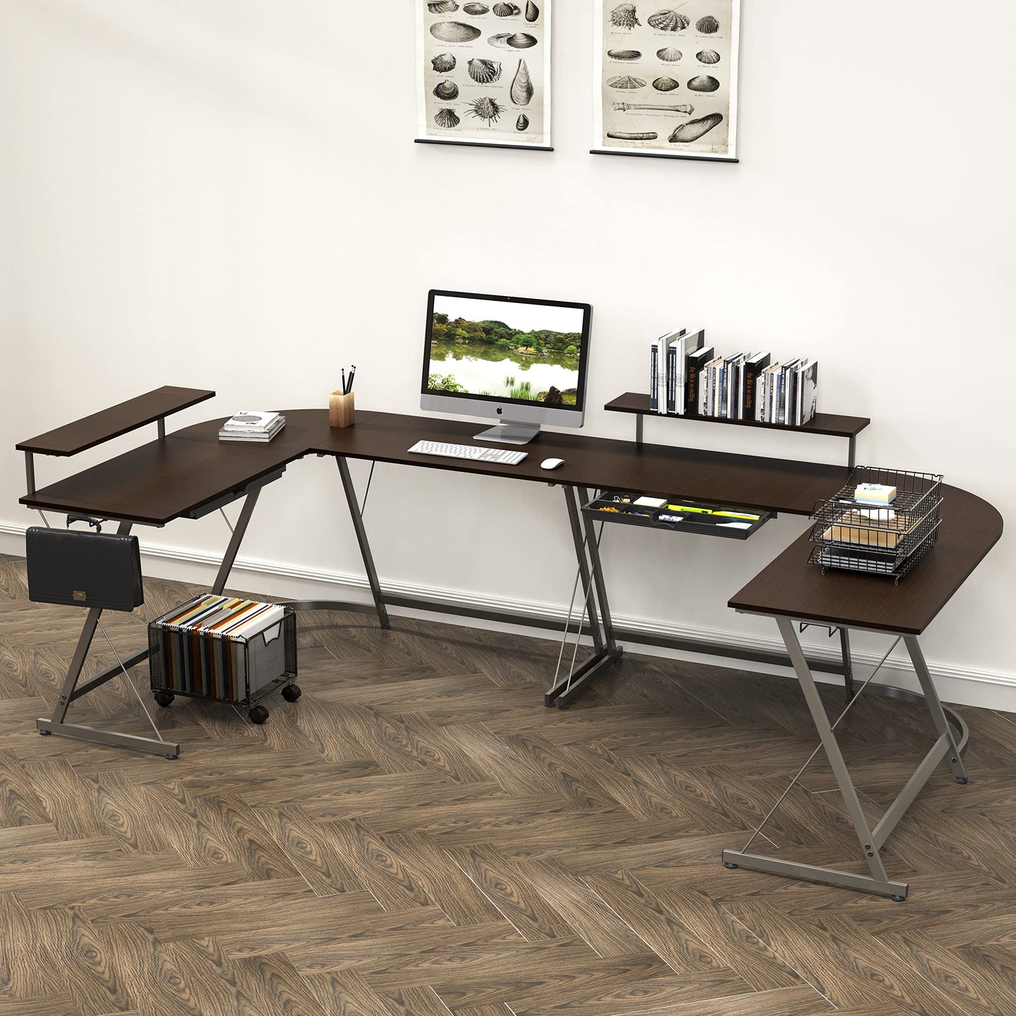 SHW 51 x 51 Inches Vista L-Shaped Desk with Monitor Stand and Drawer, Espresso