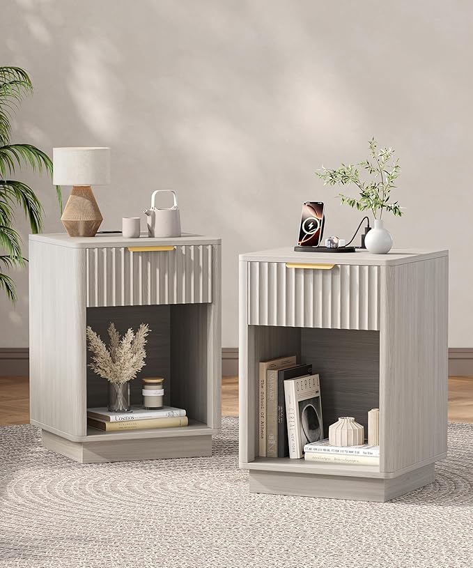 Akxomel Fluted Nightstands Set of 2, Wooden Night Stand