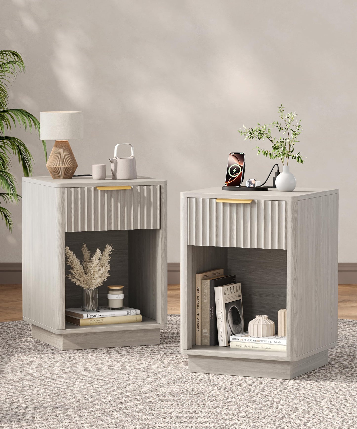 Akxomel Fluted Nightstands Set of 2, Wooden Night Stand with Charging Station and LED Light, Modern Mid Century Bed Side End Table with Drawer, 15" D x 15.7" W x 22.6" H, for Bedroom, White Alder