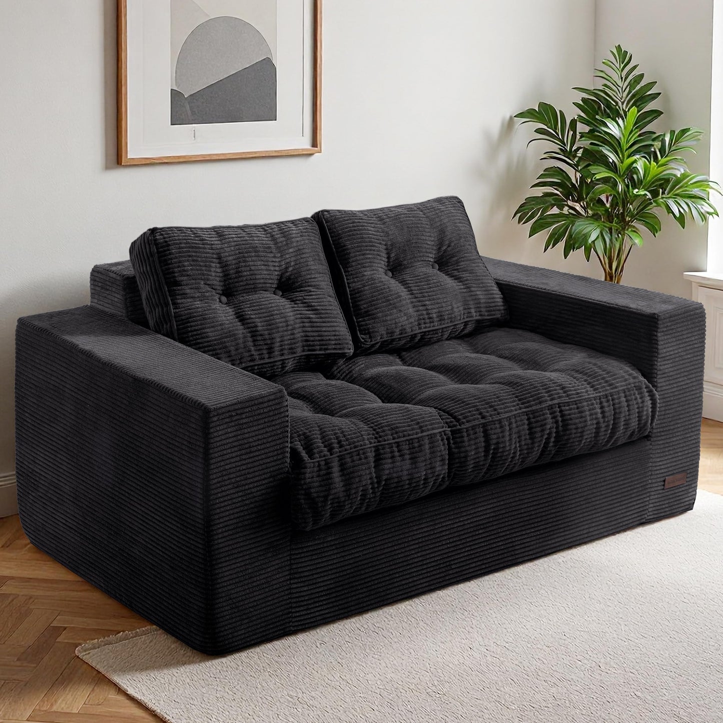 MAXYOYO Loveseat Sofa Couch, Upholstered Bean Bag Chair Cloud 2-Seat for Adults, Boneless Couch with Tufted Cushion & Pillows, Sofa in A Box, No Assembly Required, Black