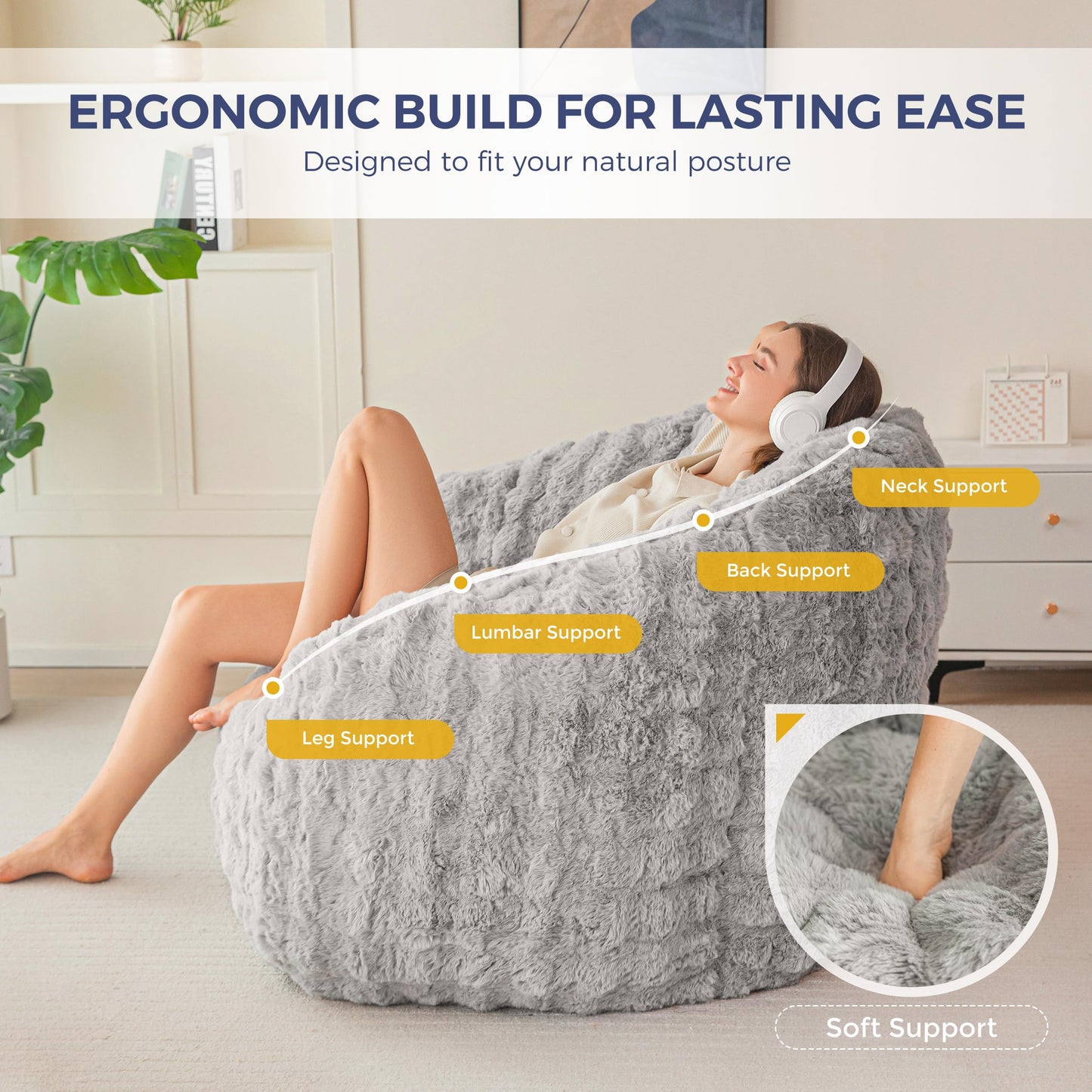 MAXYOYO Giant Bean Bag Chair for Adults, Stuffed Shell-Shaped Large Bean Bag Couch, Cozy Living Room Chair with Filler, Floor Sofa Lazy Sofa for Bedroom Living Room, Grey