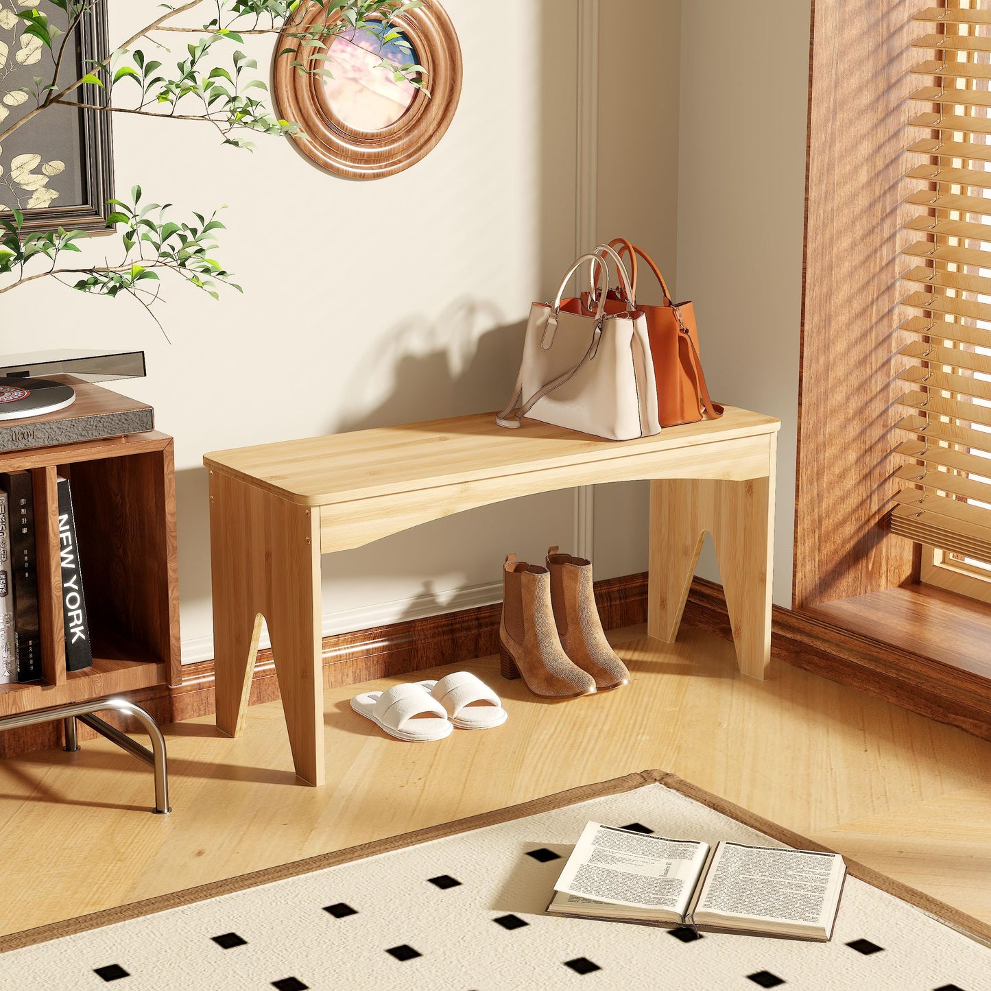 APRTAT Bamboo 35.4" Dining Room Bench, Long Indoor Shoe Bench Seat, Natural