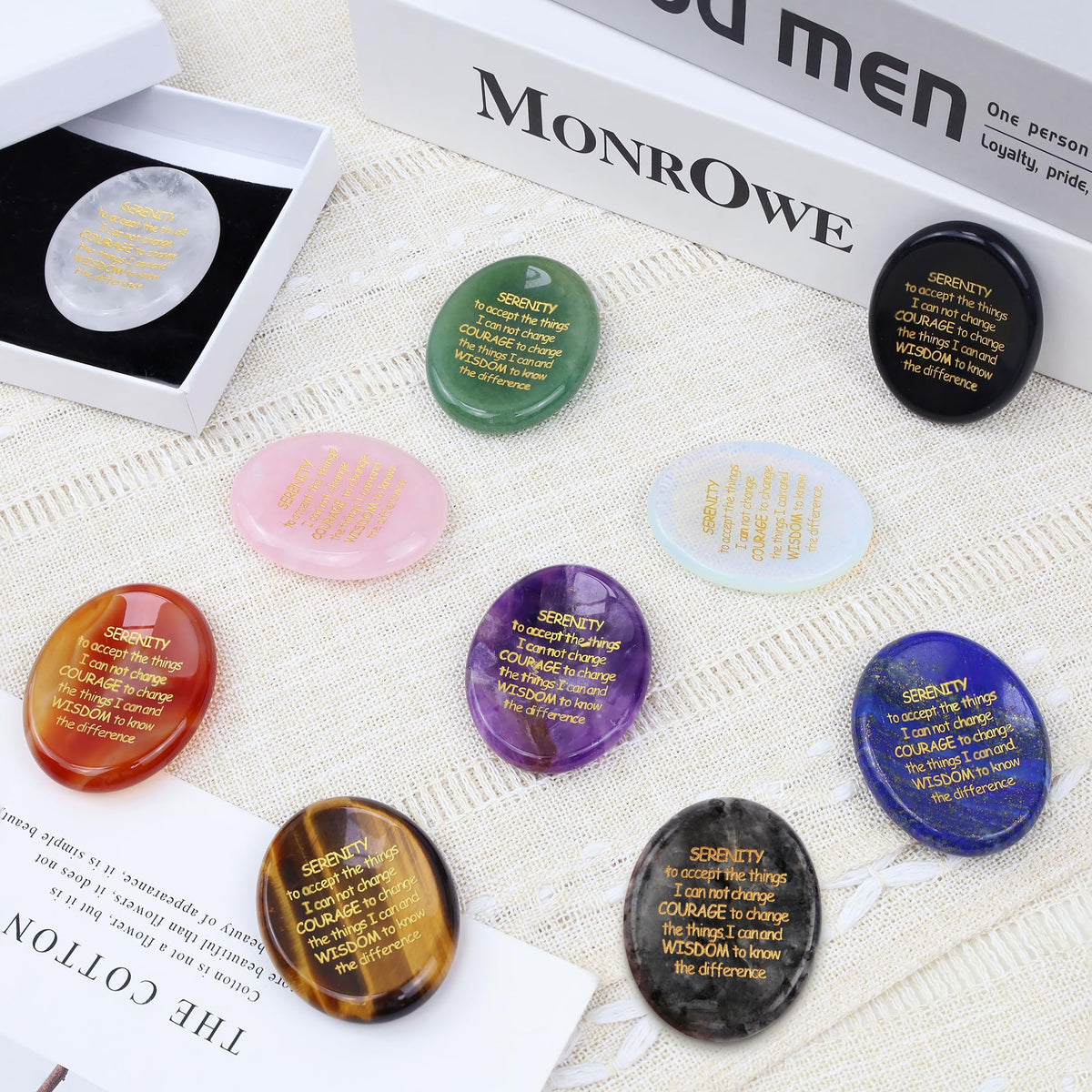 QINJIEJIE Serenity Prayer Gifts Black Obsidian Stones Healing Crystal Worry Stones Engraved Inspirational Stones Anxiety Relief Items Sobriety Encouragement Gifts for Men Friends