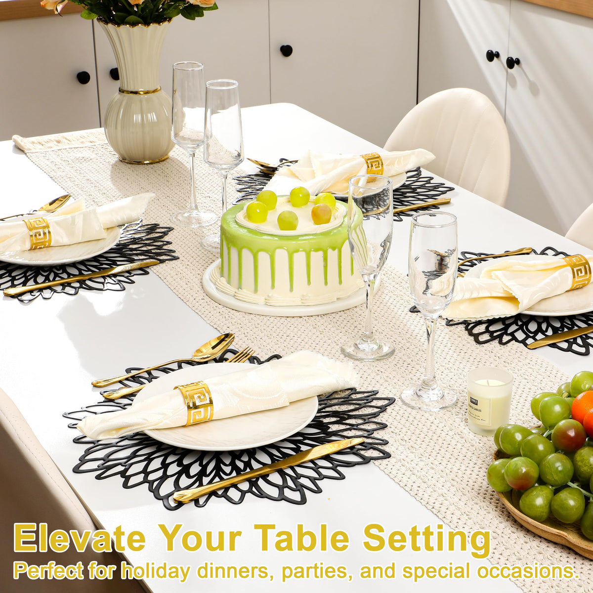 Set of 12 Round Placemats Black, Heat-Resistant PVC Table Mats with Luxury Metallic Glossy Finish for Thanksgiving Christmas Wedding Party Decor, Easy to Clean