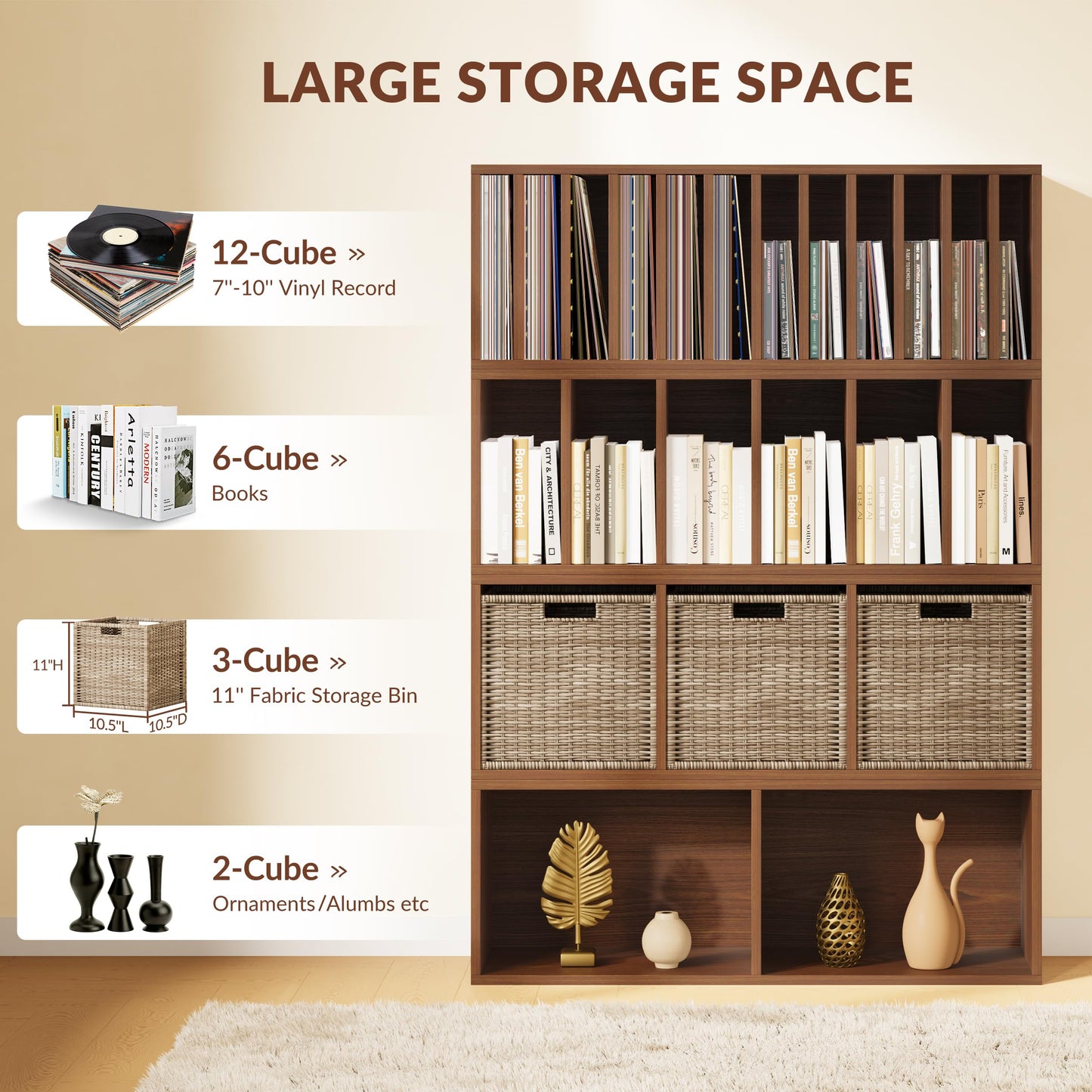 IOTXY DIY Modular Cube Bookcase - CubeXY Customizable Stackable Expandable Combination Set, 23-Cube Open Bookshelf for Books, Fabric Storage Bin, and 7/10-inch Vinyl Record Organizer, Walnut