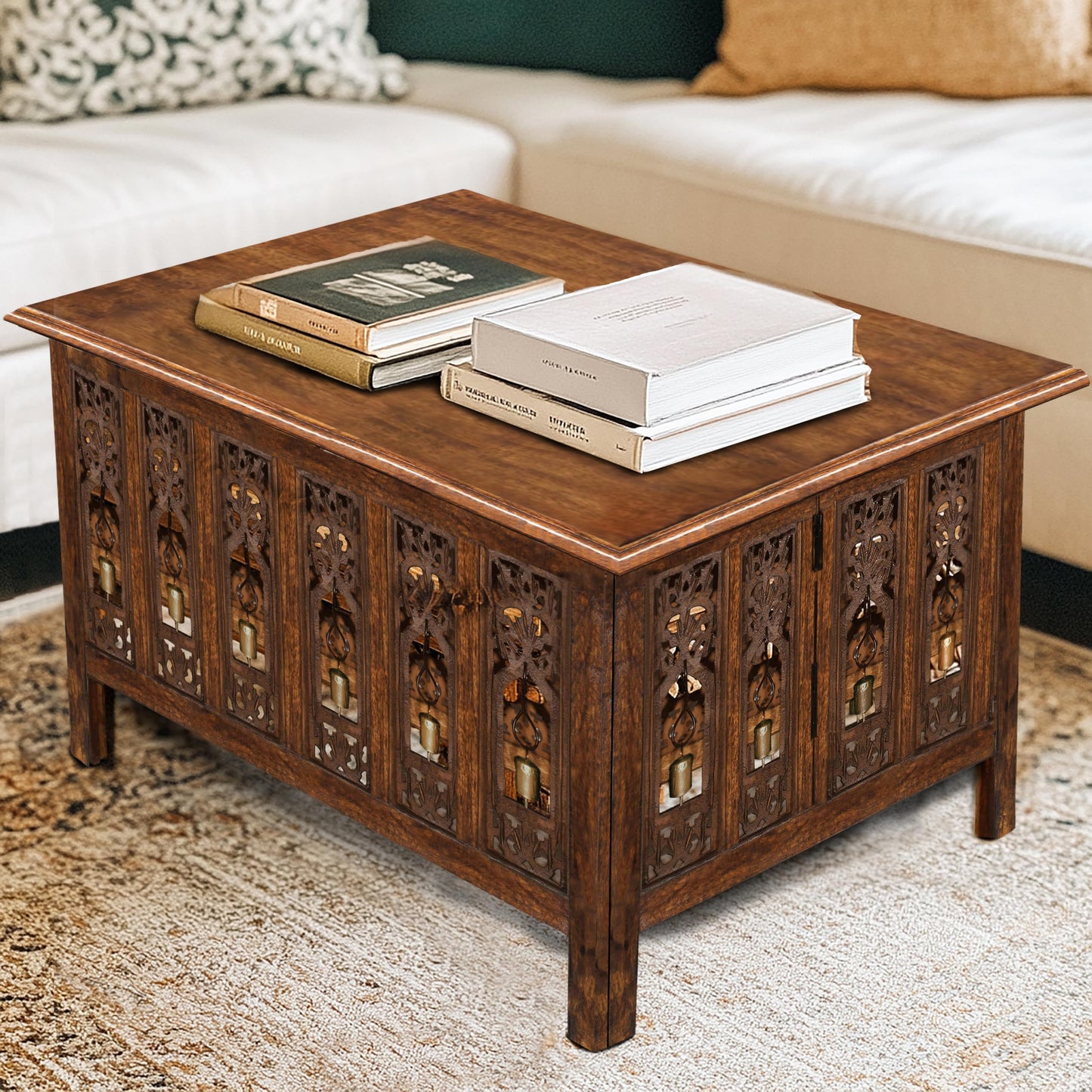 COTTON CRAFT Solid Wood Coffee Table – Ghanti Bells Hand Carved Center Table with Foldable Legs – Decorative Table - Living Room Small Spaces Bedroom - No Tools Assembly -30.5x21.5x18- Antique Brown