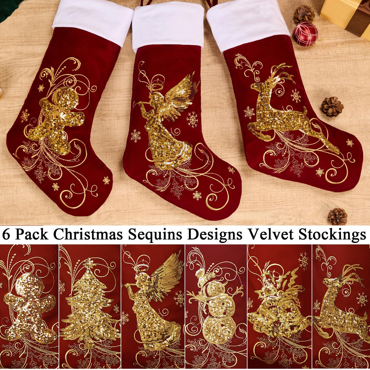 Roycraft Christmas Stockings Set of 6 Velvet Gold 19 inches Red Sequins Christmas Stockings Fireplace Hanging Ornament for Family Decorations Holiday