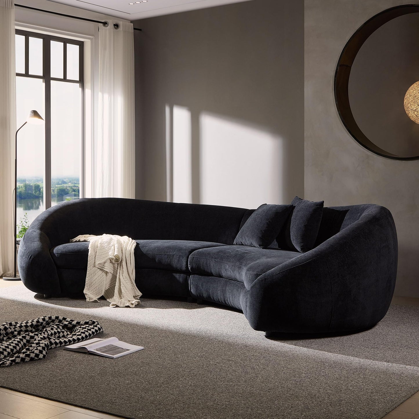 BBTJOINT Modern Curved Sectional Sofa, Contemporary Black Velvet Upholstered Couch, SemiCircular Design loveseat, Living Room Furniture,Half Moon Chaise