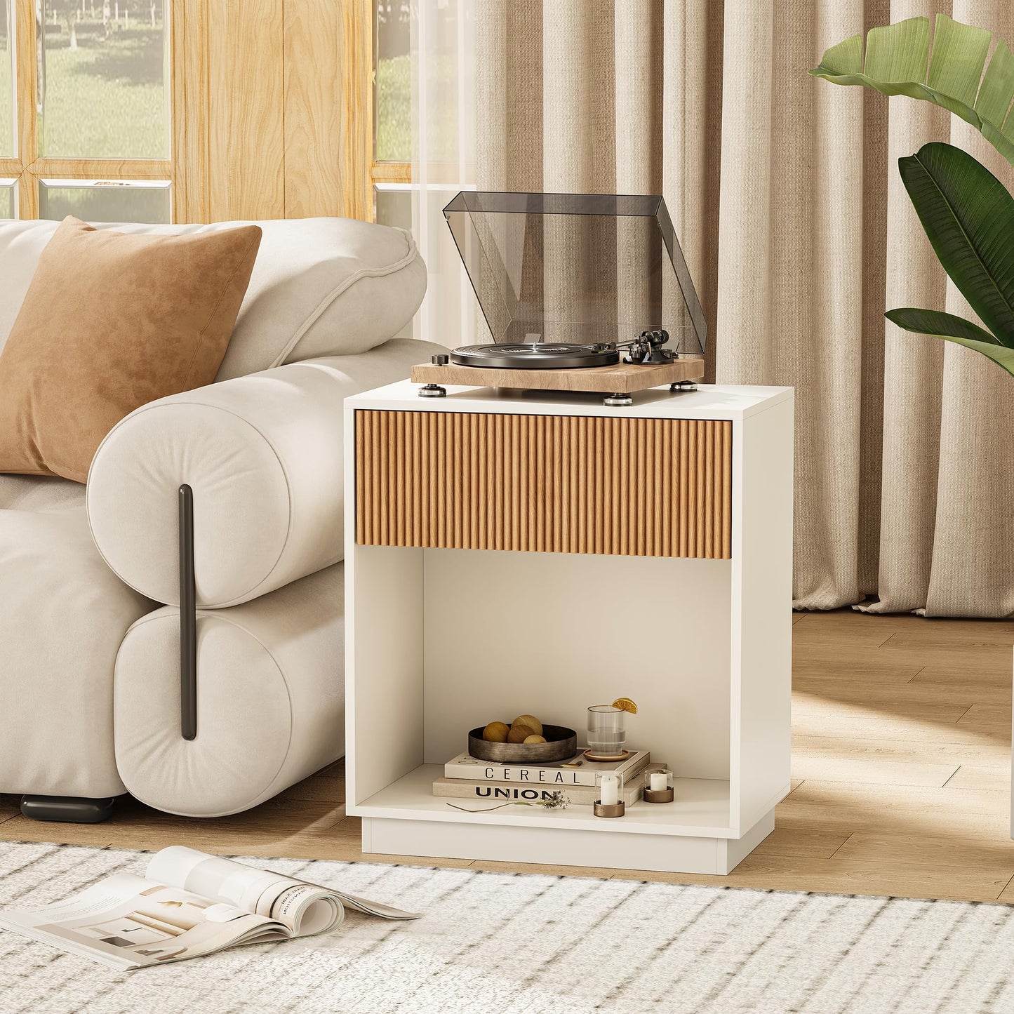 Fluted Nightstands Set of 2, Modern Bedside Table with Storage Drawer and Open Wood Shelf, Wood End Table Mid Century Night Stands for Bedroom Living Room Sofa Couch Office White & Oak