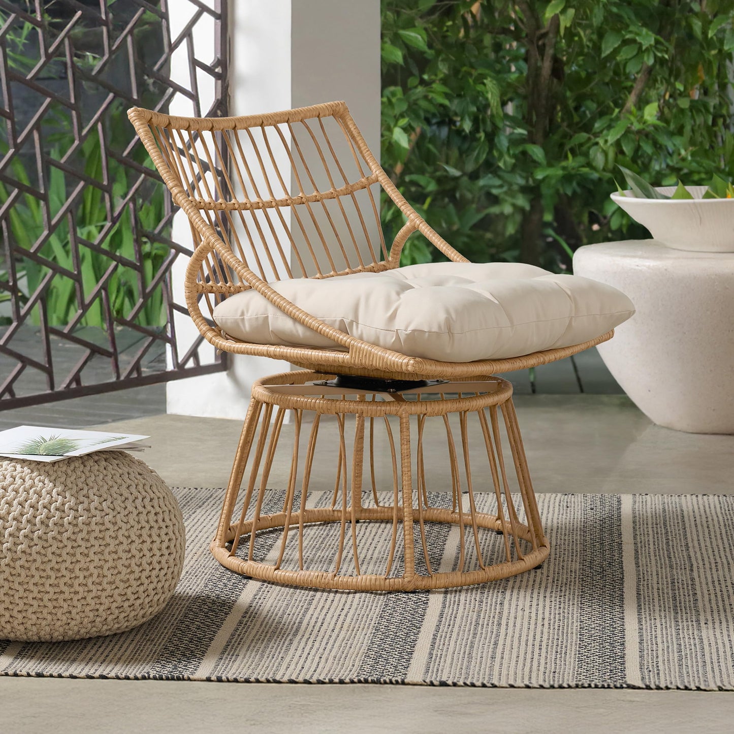 Alaterre Furniture Servana Outdoor Wicker Chair - Oversized Outdoor Swivel Chair with Cushion - Weather-Resistant Patio Lounger - Boho Patio Furniture for Backyard, Balcony, Sunroom, Living Room (Tan)