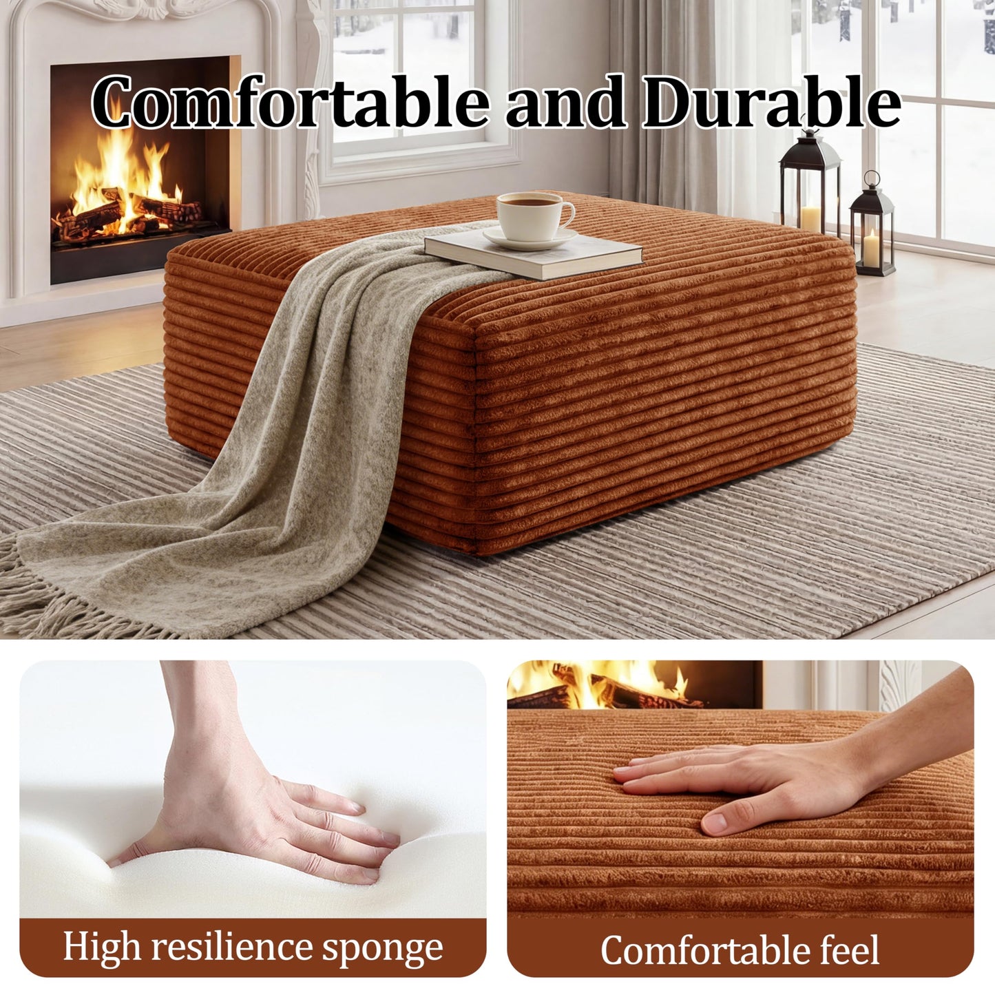 Corduroy Ottoman, Modern Boneless Cloud Foot Rest Foam Support, Oversized Modular Sectional Sofa Rectangel Stool for Living Room, Bedroom & Small Spaces, No Assembly Required (Orange, Ottoman)