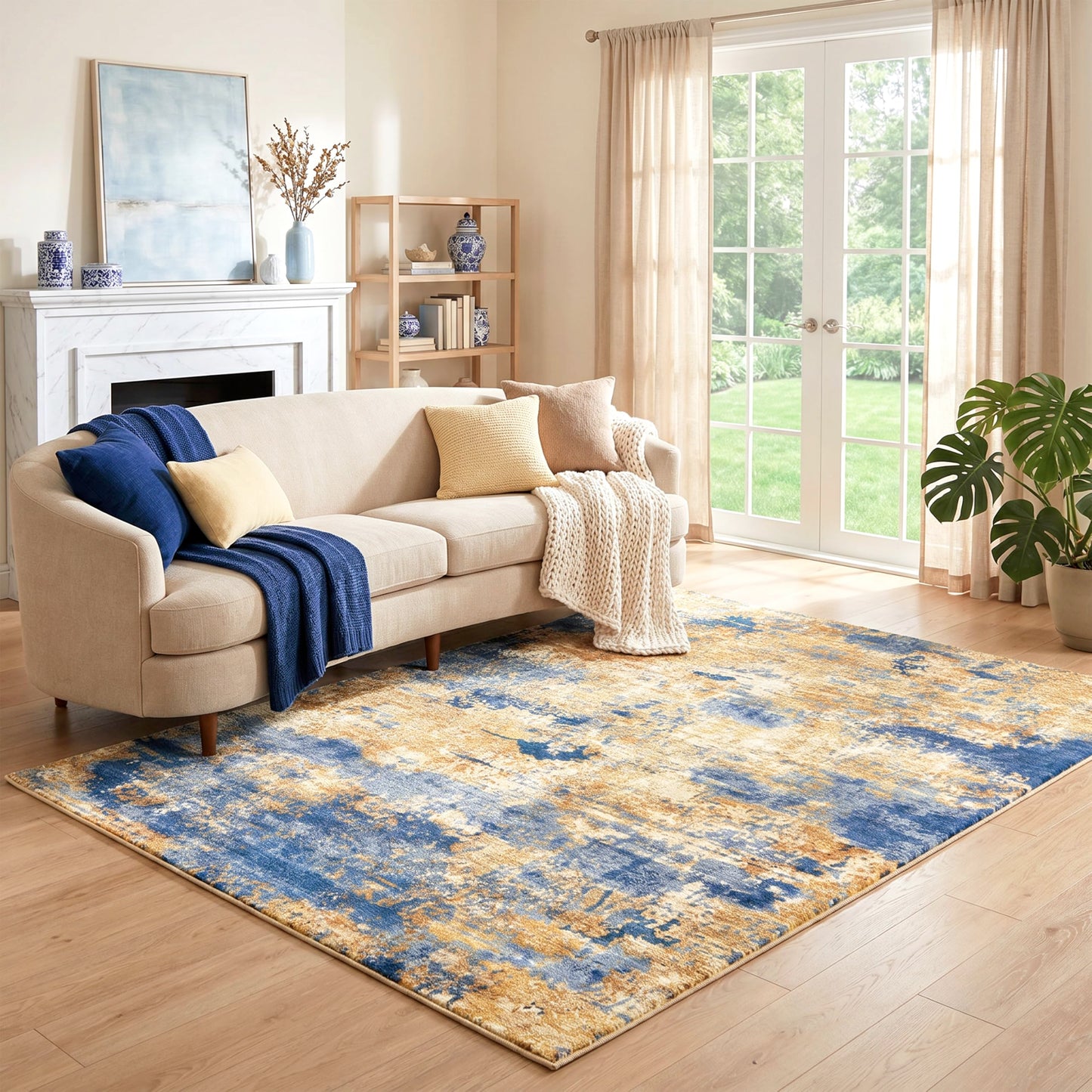 Cnythlis Washable Area Rug for Home Office Under Desk, 5'x7', Navy & Gold