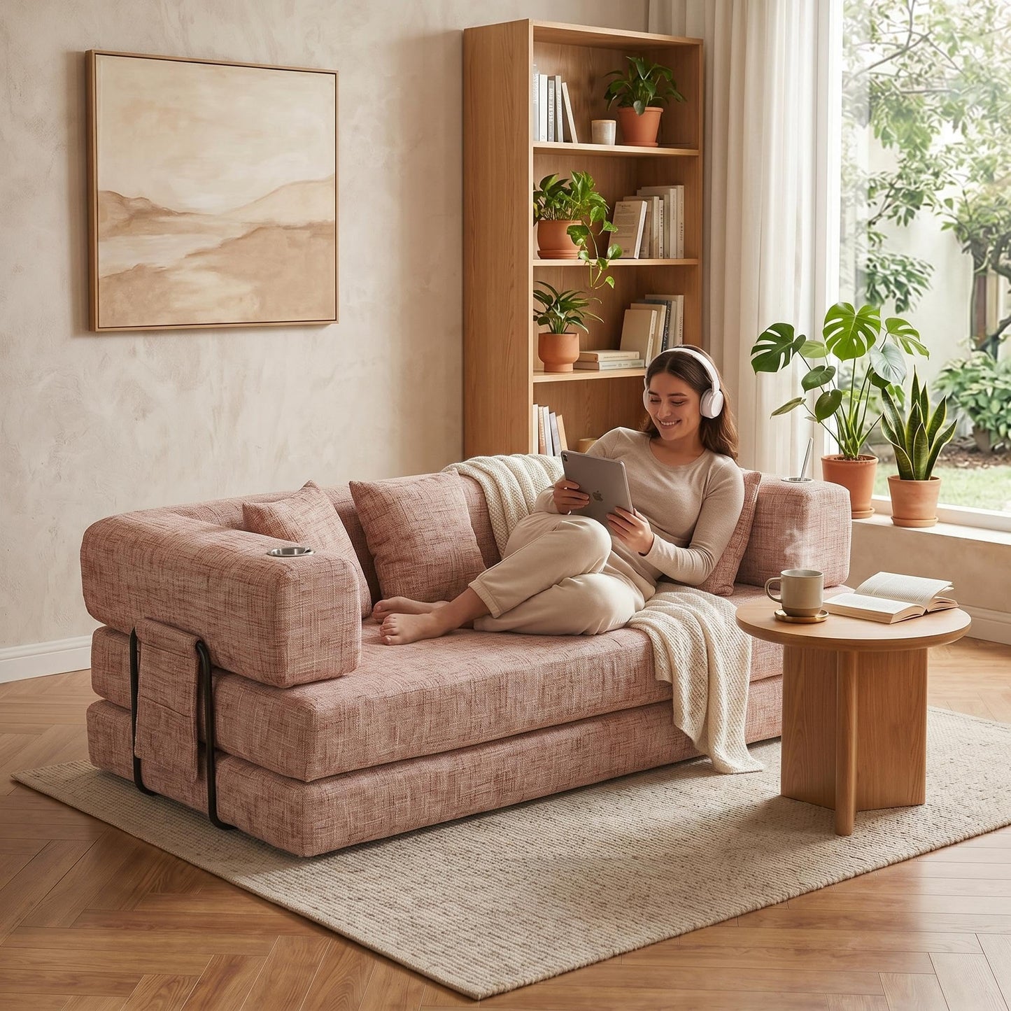 5-in-1 Convertible Sofa Bed Sleeper, 79" Corduroy Floor Couch with 4 Pillows, Boneless Deep Seat Futon Mattress, No Assembly, Modern Lounge Sofa for Living Room, Apartment, Small Spaces, Pink